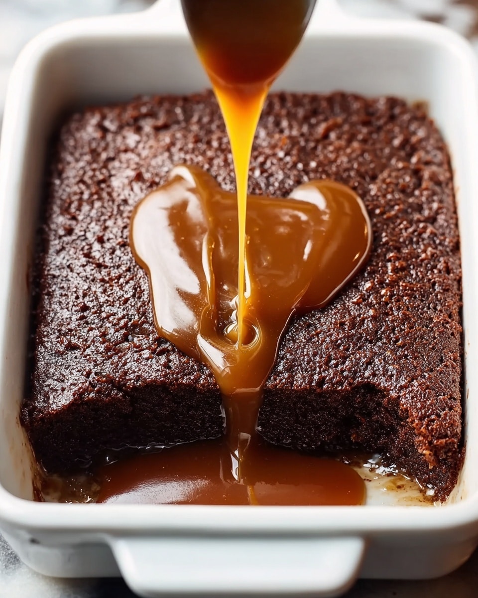 A close-up of a square chocolate cake in a white casserole dish, with one piece cut out from the front center. The cake has a rich dark brown color with a slightly rough, textured surface. Thick golden caramel sauce is being poured from a spoon, flowing smoothly in thick ribbons down the center of the cake, pooling inside the cut-out section and slightly running over the edges. The dish rests on a white marbled textured surface. photo taken with an iphone --ar 4:5 --v 7