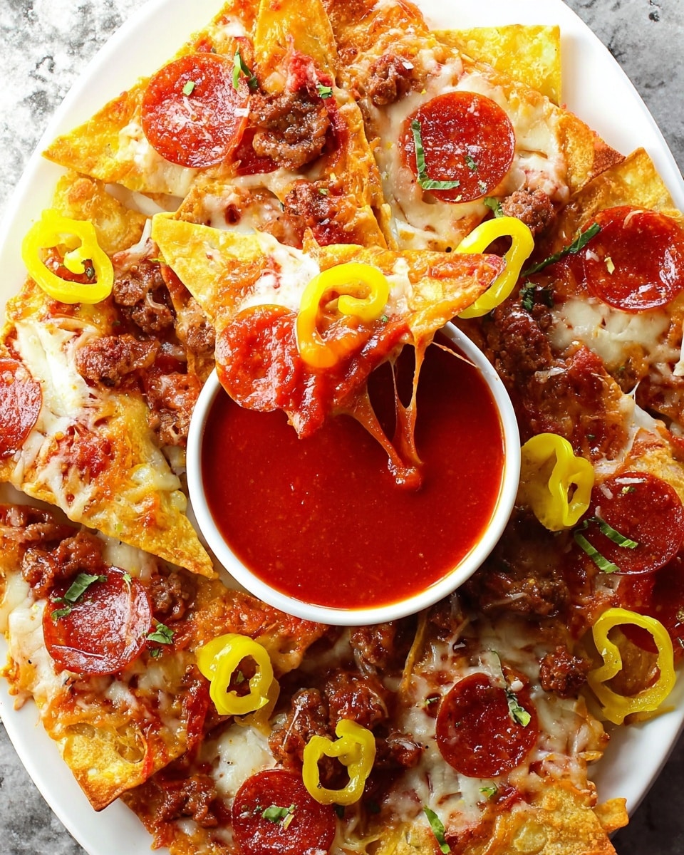 The image shows a white plate filled with crispy, golden-brown triangle-shaped chips topped with layers of melted white cheese, slices of bright red pepperoni, small pieces of browned sausage, and curly yellow pepper rings scattered on top. In the middle, there is a white bowl filled with thick, bright red marinara sauce, with one chip partially dipped into it, showing melted cheese strands stretching from the chip to the sauce. Small green herb bits are sprinkled over the dish for color. The plate sits on a white marbled textured surface photo taken with an iphone --ar 4:5 --v 7
