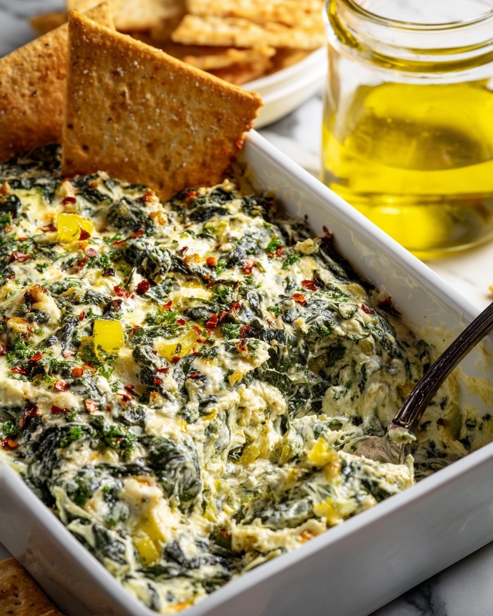 A close-up view of a white rectangular dish filled with a creamy spinach dip that has visible green spinach leaves mixed throughout a white cheese base with small yellow pepper pieces. The dip has a rough texture with some melted cheese spots and chopped green herbs sprinkled on top, along with tiny red flakes. Two triangular toasted crackers, golden brown with a crunchy texture, are partially dipped in the mixture, placed toward the back left corner of the dish. A silver spoon is resting on the right side, partly submerged in the dip. Next to the dish, there is a glass jar filled with yellow oil on a white marbled surface. photo taken with an iphone --ar 4:5 --v 7