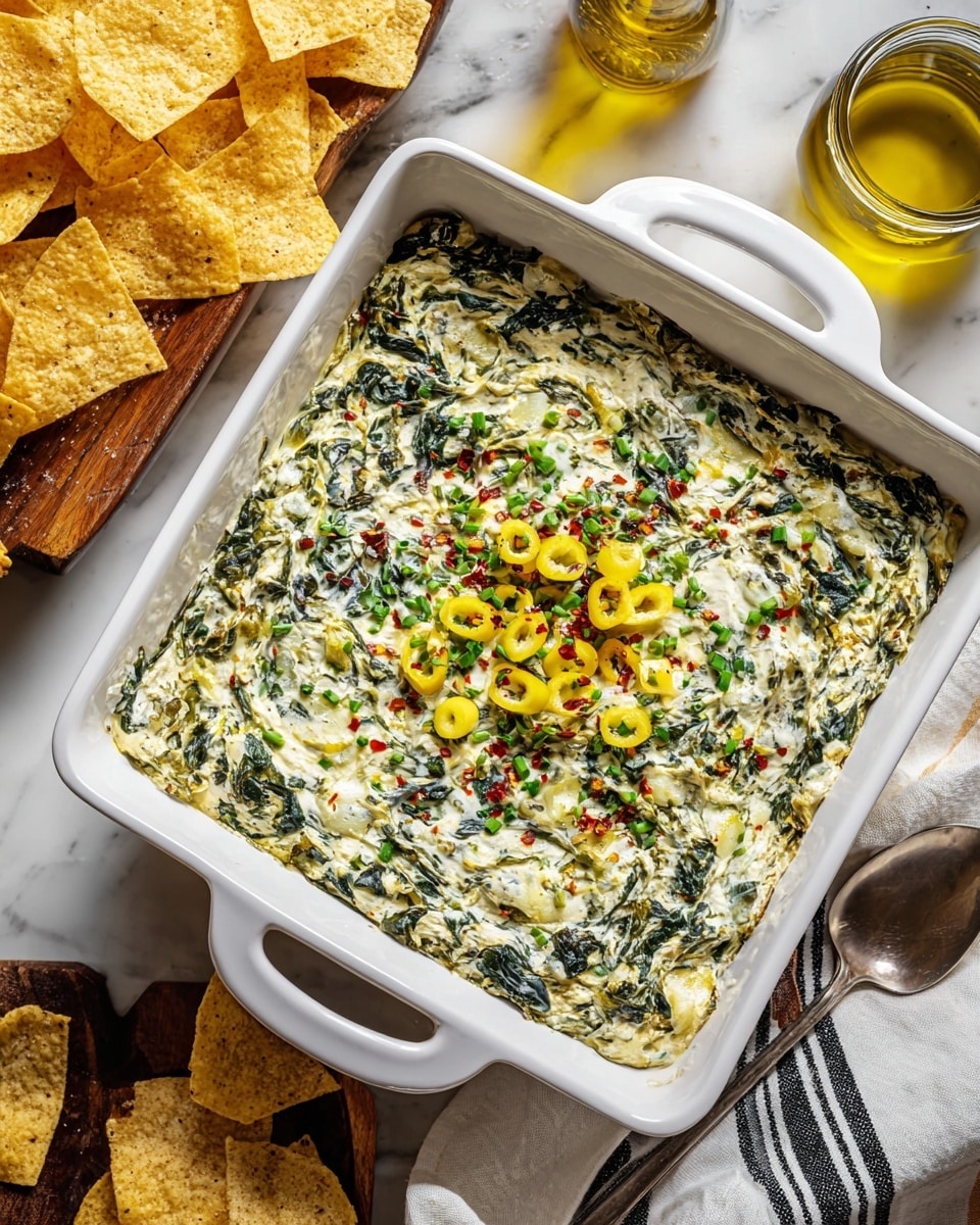 A white square baking dish filled with a creamy, baked spinach dip showing visible chopped green spinach leaves mixed with a pale cream cheese base, covered with small yellow pepper slices and sprinkled with finely chopped chives and red chili flakes on top; the dish is placed on a white marbled surface next to some golden tortilla chips on a wooden board, a jar of olive oil, and a silver spoon resting on a white cloth with black stripes. photo taken with an iphone --ar 4:5 --v 7