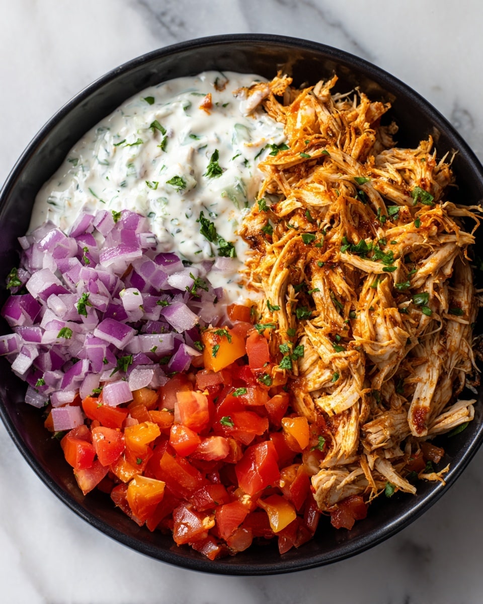A black bowl holds a colorful layered dish placed on a white marbled surface. The first layer is shredded chicken with a golden brown, slightly crispy texture, spread on one side of the bowl. Next to it is a thick white sauce with green herb bits mixed in, drizzled over part of the chicken. On the opposite side, there are diced bright red tomatoes and chopped purple-red onions, each section neatly separated. The entire dish is sprinkled with small pieces of green herbs scattered on top. photo taken with an iphone --ar 4:5 --v 7