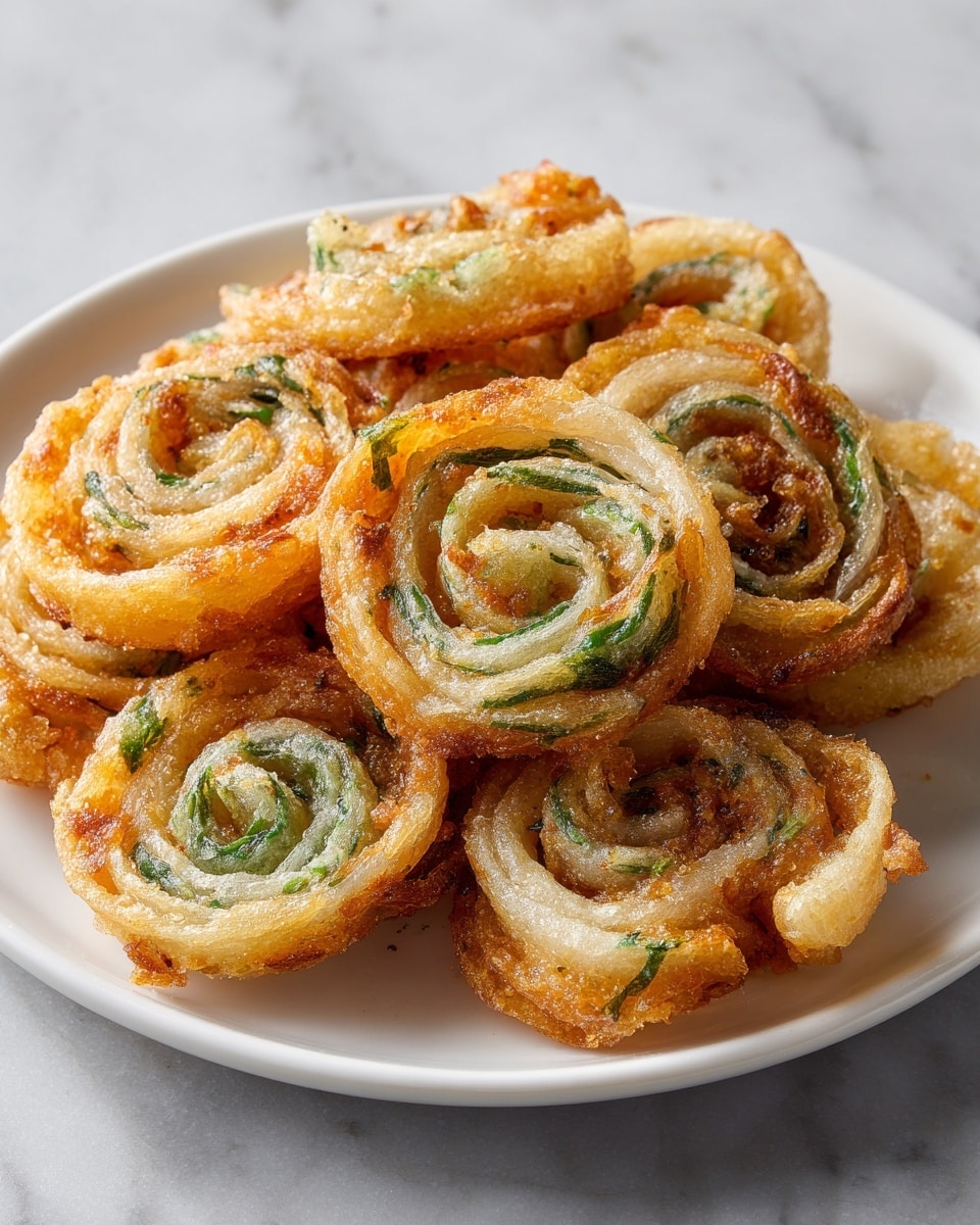 The image shows round, spiral-shaped snacks with a crispy, golden-brown top layer and light green herbs visible inside the swirls. Each snack has multiple thin layers seen through the translucent dough, with some parts being a bright orange due to frying. They are stacked slightly overlapping on a white plate, placed on a white marbled surface. The texture looks crunchy on the outside while soft inside, with uneven browning adding to the homemade feel. photo taken with an iphone --ar 4:5 --v 7