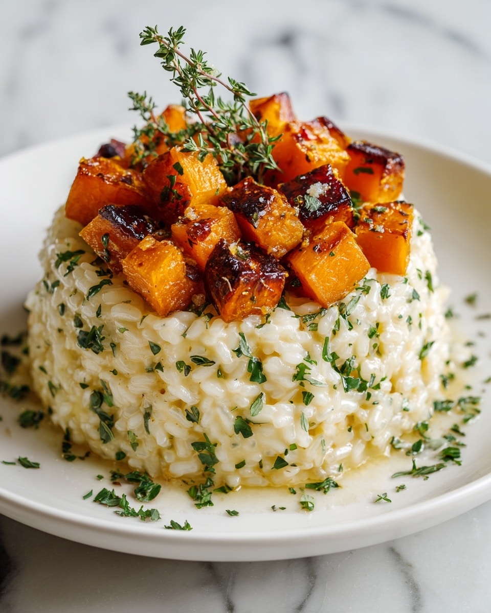 A creamy, thick risotto forms the base layer on a white plate, with a light yellow color and a soft, shiny texture showing individual plump rice grains. On top, there is a second layer of small, caramelized orange pumpkin chunks with a rich, dark brown sear on the edges adding a crispy texture. Fresh chopped green herbs are scattered lightly over both layers, and a small sprig of fresh thyme rests on top as garnish. The plate sits on a white marbled surface. photo taken with an iphone --ar 4:5 --v 7