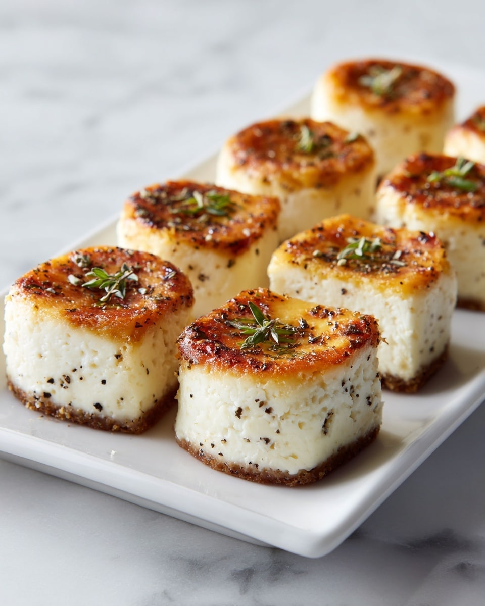 The image shows a white rectangular plate holding eight small, round, two-layered bite-sized cheese cakes. The bottom layer is thick and creamy white with small black pepper specks visible inside. The top layer is golden brown and slightly crispy with a smooth texture, garnished with tiny green herb pieces scattered on top. The cakes are evenly spaced, creating an inviting and warm look. The background features a white marbled texture that adds a clean and elegant touch to the scene. photo taken with an iphone --ar 4:5 --v 7