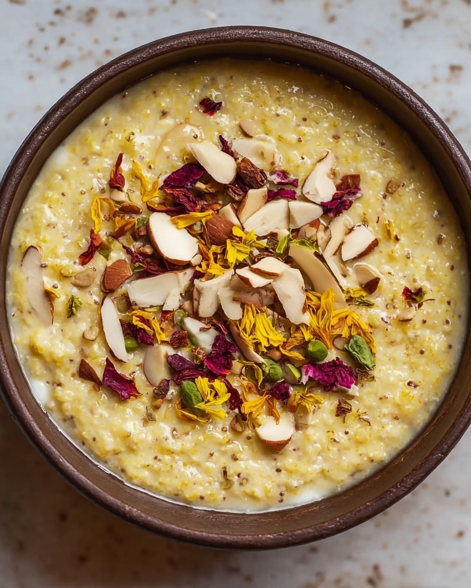 The image shows a close-up of a creamy yellow porridge-like dish in a round dark brown bowl. The porridge has a slightly grainy texture with visible small seeds or grains cooked in it. On top, there is a colorful mix of toppings scattered in the center: thinly sliced toasted nuts in pale beige, small pieces of deep red dried petals, bright yellow flower petals, and a few small green leaves. The bowl is placed on a white marbled textured surface. The overall look is warm, rich, and inviting. photo taken with an iphone --ar 4:5 --v 7
