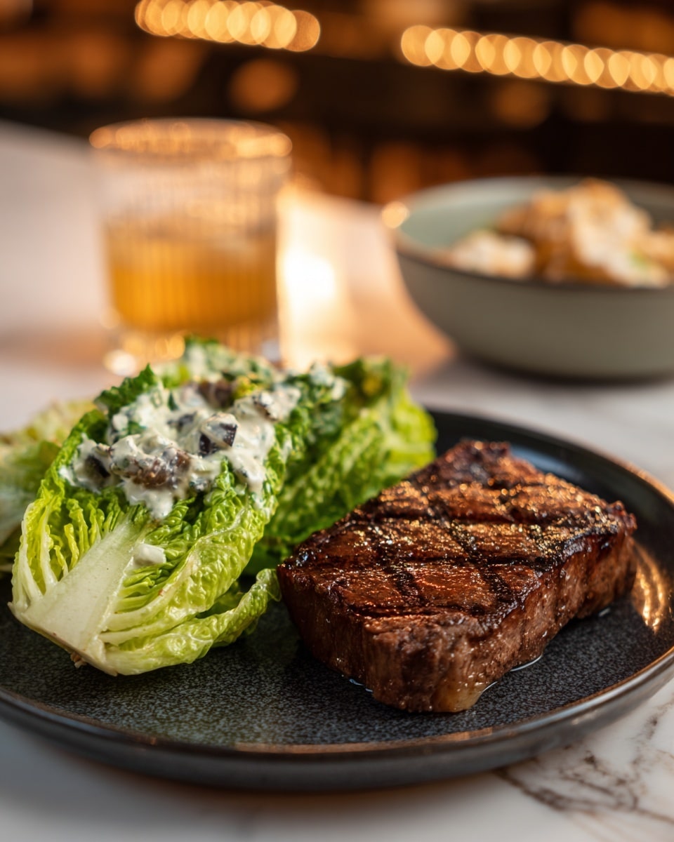 A dark plate holds a meal with two main parts side by side; the left side has a pile of bright green lettuce leaves topped with creamy dressing that has dark specks and small chunks, while the right side shows a thick, square steak with a deep brown grilled surface marked by sear lines and a shiny, juicy texture. In the blurred background, a glass filled with a golden drink sits to the right, and a blurry bowl with light-colored food is visible further back. The whole scene rests on a white marbled surface with warm lights glowing softly behind. photo taken with an iphone --ar 4:5 --v 7