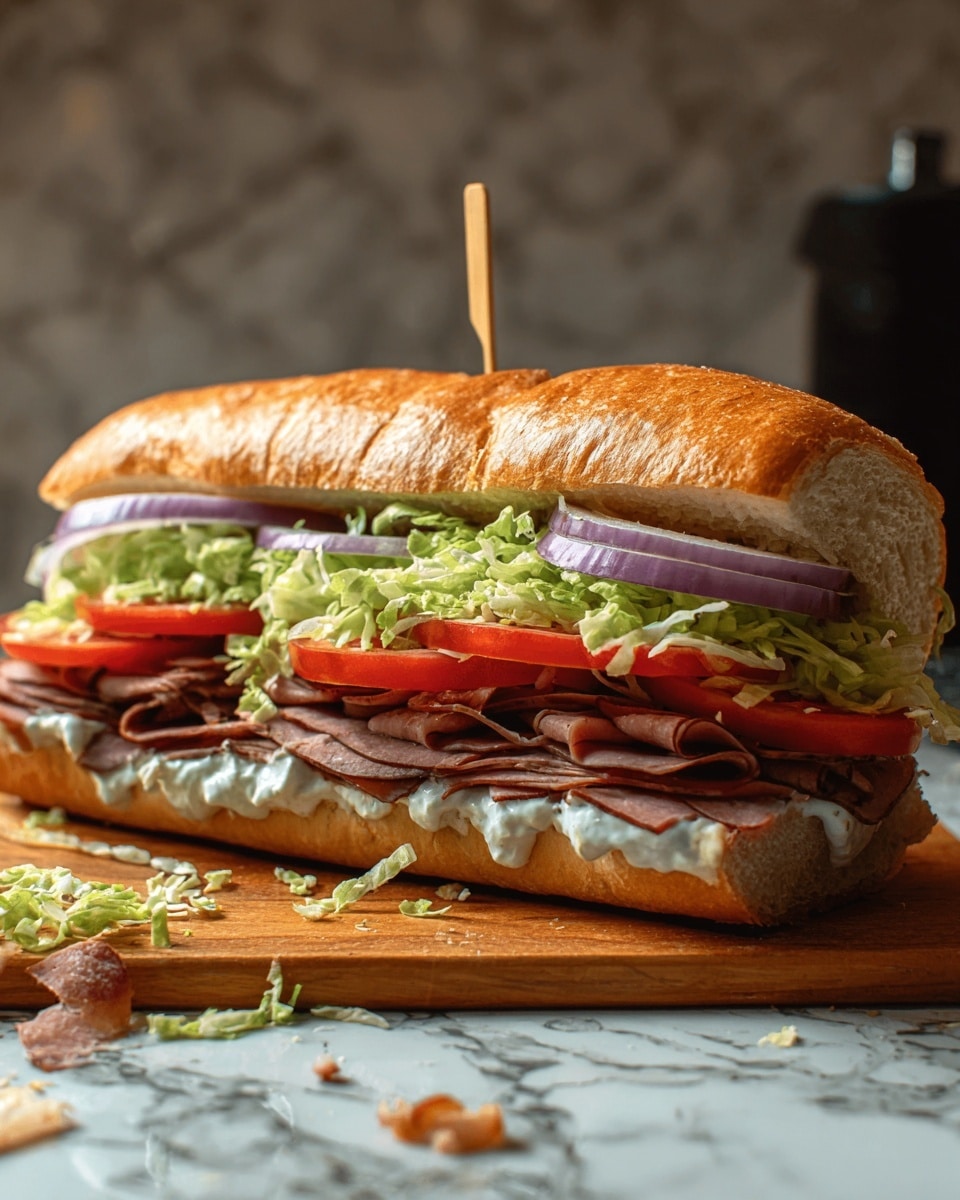 A large sandwich on a long, shiny brown bun is shown on a wooden board over a white marbled surface. The sandwich has multiple layers starting with a spread of white creamy sauce on the bottom bun, then thin slices of dark brown deli meat, followed by round red tomato slices. Above the tomato are rings of purple onion, a thick layer of shredded green lettuce, and another spread of white creamy sauce on the top bun. The sandwich is held together with a small wooden skewer in the middle, and some crumbs and bits of lettuce are scattered around it. Photo taken with an iphone --ar 4:5 --v 7