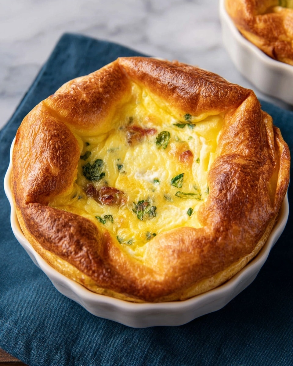 The image shows a golden-brown baked dish in a white round ramekin with scalloped edges. The top layer is a puffy, slightly cracked crust with a shiny, toasted look, revealing bright yellow egg custard underneath mixed with small green herbs and bits of white cheese. The crust folds inward toward the middle, exposing the creamy filling in the center. The ramekin sits on a dark blue cloth over a white marbled surface. Photo taken with an iphone --ar 4:5 --v 7