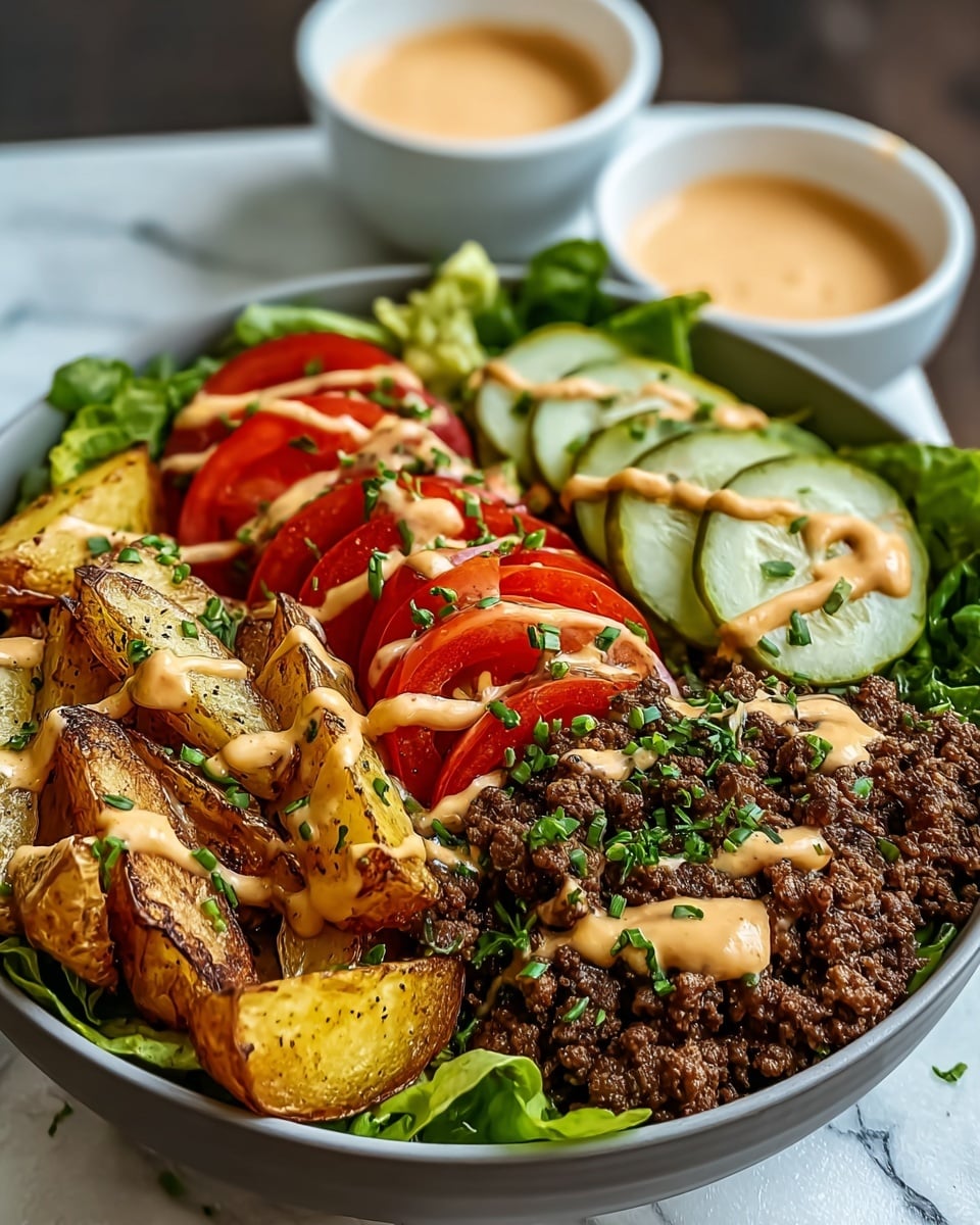 A bowl filled with four main layers is shown on a white marbled texture. The bottom layer is fresh green lettuce and leafy greens. Above the greens, on the left side, there are bright red sliced tomatoes arranged in a neat row. Next to the tomatoes, on the right side, there are thin round slices of pale green pickles. Below the pickles and tomatoes, there is a generous portion of cooked ground beef with a rich brown color and crumbly texture. Finally, on the bottom left corner of the bowl, thick golden-brown roasted potato wedges with crisp edges are placed. The entire dish is drizzled with a creamy light orange sauce and sprinkled with chopped green herbs. Two small white bowls filled with the same sauce appear blurred in the background. photo taken with an iphone --ar 4:5 --v 7