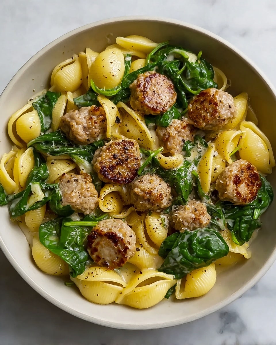 A bowl filled with three main layers: the base layer is yellow shell pasta, smooth and slightly shiny, covering the whole bowl. On top of the pasta are green spinach leaves, soft and slightly wilted, spread evenly around. The top layer consists of browned sausage pieces, round and textured, sitting over the spinach and pasta. The bowl is white, placed on a white marbled surface. The dish has a creamy sauce that lightly coats the pasta and vegetables, with a sprinkle of black pepper adding small dark spots. photo taken with an iphone --ar 4:5 --v 7