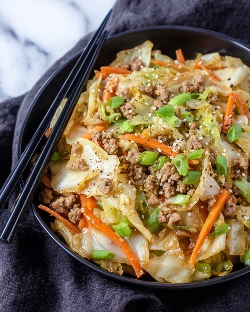 A close-up view of a black bowl filled with a stir-fried dish showing multiple layers: the base layer is light tan cooked cabbage with a soft texture, mixed with thin orange carrot strips scattered throughout; on top are small, crumbled pieces of light brown cooked ground meat; green chopped scallions are sprinkled all over, adding a fresh color contrast; light beige sesame seeds are dotted across the dish, adding small texture highlights; there is a light sprinkling of black pepper over everything; two black chopsticks rest diagonally on the left side of the bowl; the bowl is placed on a dark cloth on a white marbled surface. Photo taken with an iphone --ar 4:5 --v 7