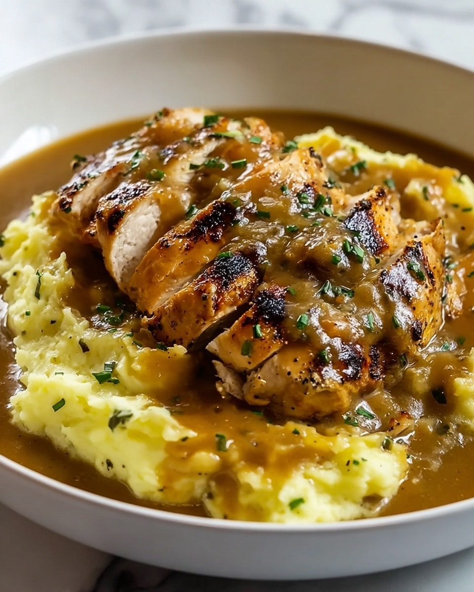 The dish shows a close-up of a white bowl filled with a base layer of creamy mashed potatoes, light yellow with a soft, slightly chunky texture. On top, there are several pieces of grilled chicken breast, golden brown with charred grill marks and a moist, tender look. The chicken is covered in a shiny brown gravy with small bits of herbs, mainly green chives or parsley, sprinkled over both the chicken and potatoes. The bowl rests on a white marbled surface, adding a clean and bright contrast to the warm colors of the food. photo taken with an iphone --ar 4:5 --v 7