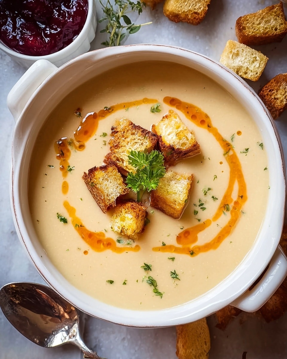 A bowl of creamy light beige soup fills a white bowl with two handles, set on a white marbled surface. The soup is smooth and thick with a glossy orange swirl of oil drizzled on top. At the center, there are four golden brown toasted croutons arranged in a loose cluster, with a small sprig of fresh green parsley sitting on them. Next to the bowl, some extra toasted croutons lie scattered, and a large shiny silver spoon rests nearby. In the upper left corner, there is a small white bowl filled with dark red jam. Photo taken with an iphone --ar 4:5 --v 7