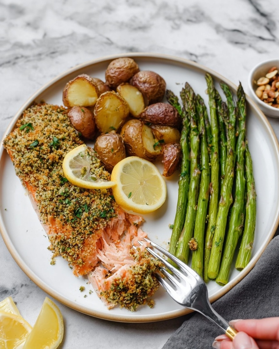 The image shows a round white plate with three main parts of food arranged in sections: a large piece of golden-brown crusted salmon on the left side, topped with a green herb breadcrumb crust, with a fork breaking a piece off to show the soft pink cooked inside; beside the salmon are small roasted brown and tan potatoes with a wedge of lemon placed on top; on the right side of the plate is a neat stack of bright green asparagus spears that look tender and slightly charred. The plate sits on a white marbled textured surface, with two lemon wedges at the bottom edge of the frame. A small bowl with some nuts and a woman's hand holding the fork are partly visible. Photo taken with an iphone --ar 4:5 --v 7
