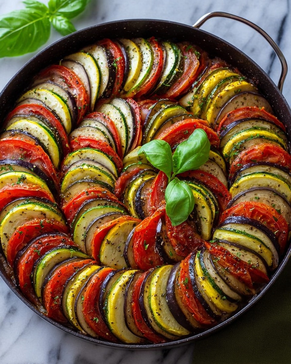 A round pan filled with a colorful ratatouille dish arranged in a spiral pattern, made of many thin slices of vegetables layered vertically. The layers alternate between deep red tomatoes, light green zucchini, dark purple eggplant, pale yellow squash, and a few bright green basil leaves on top for garnish. Each slice shows a moist, slightly cooked texture with seasoning sprinkled over the top. The pan is placed on a white marbled texture. Photo taken with an iphone --ar 4:5 --v 7