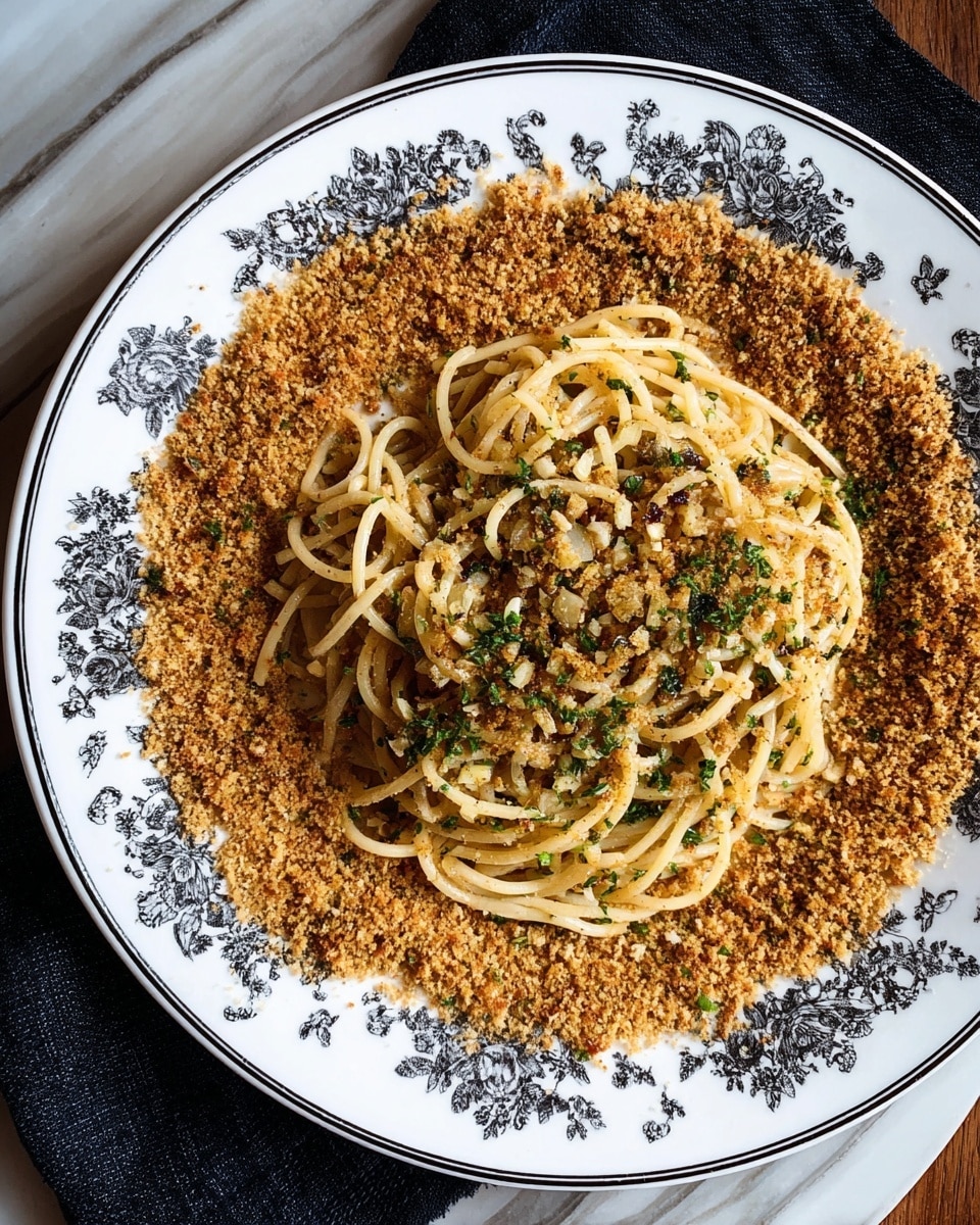 A round white plate with a black floral pattern holds a dish of spaghetti in the center, about two-thirds of the plate’s diameter. The spaghetti is light yellow, mixed with small diced garlic and green herbs, giving it a fresh texture. Surrounding the pasta is a thick, rough layer of golden-brown toasted breadcrumbs, covering about one-third of the plate from the edge inward. The plate is placed on a white marbled surface with a dark fabric partially visible under the plate’s lower edge. Photo taken with an iphone --ar 4:5 --v 7