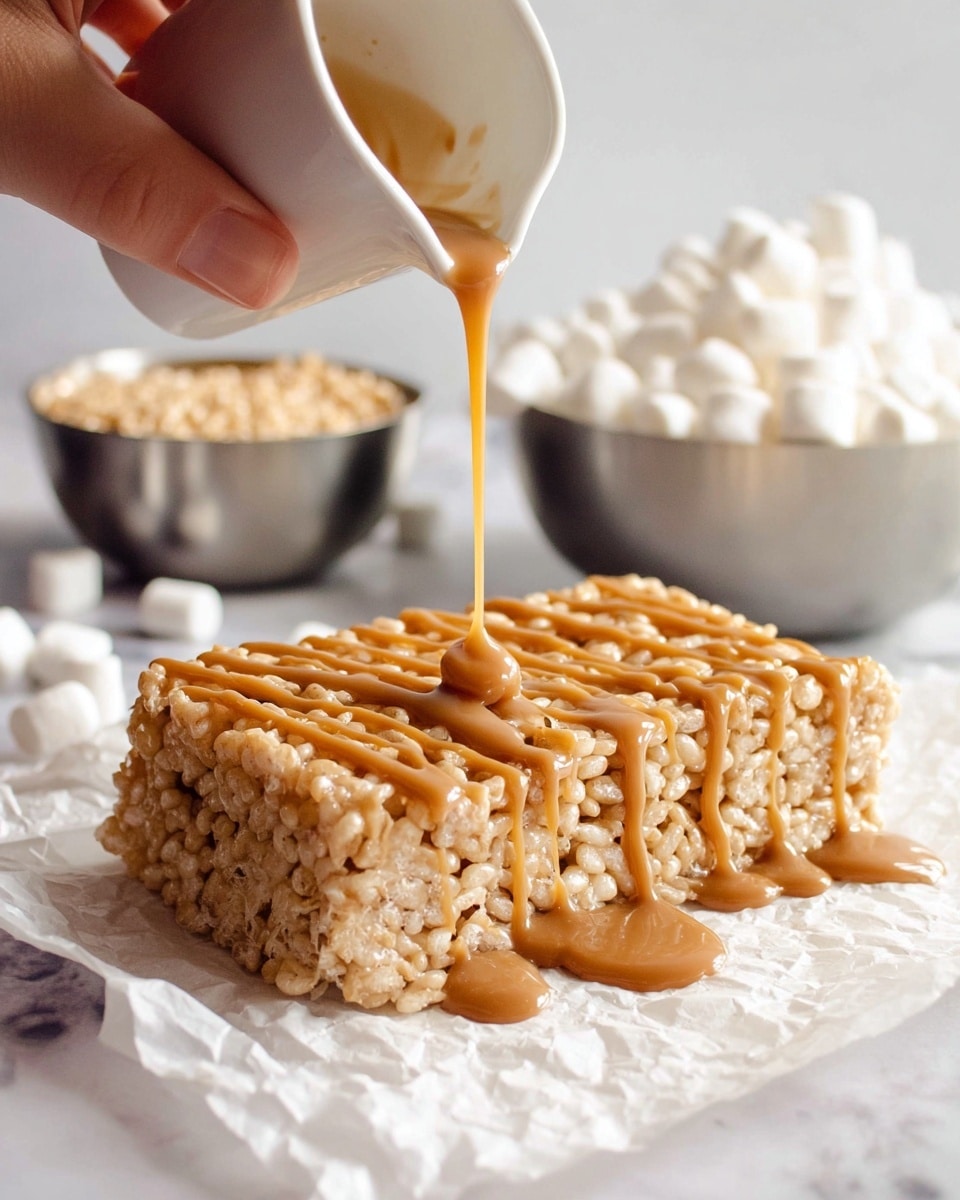 A close-up of a thick, square rice crispy treat with a golden caramel sauce being poured over the top from a small white cup held by a woman's hand, the sauce dripping down the sides and pooling slightly on the white crinkled parchment paper beneath; in the blurred background are two metal bowls, one filled with white mini marshmallows and the other with more caramel-like crumbs, all set on a white marbled surface. photo taken with an iphone --ar 4:5 --v 7