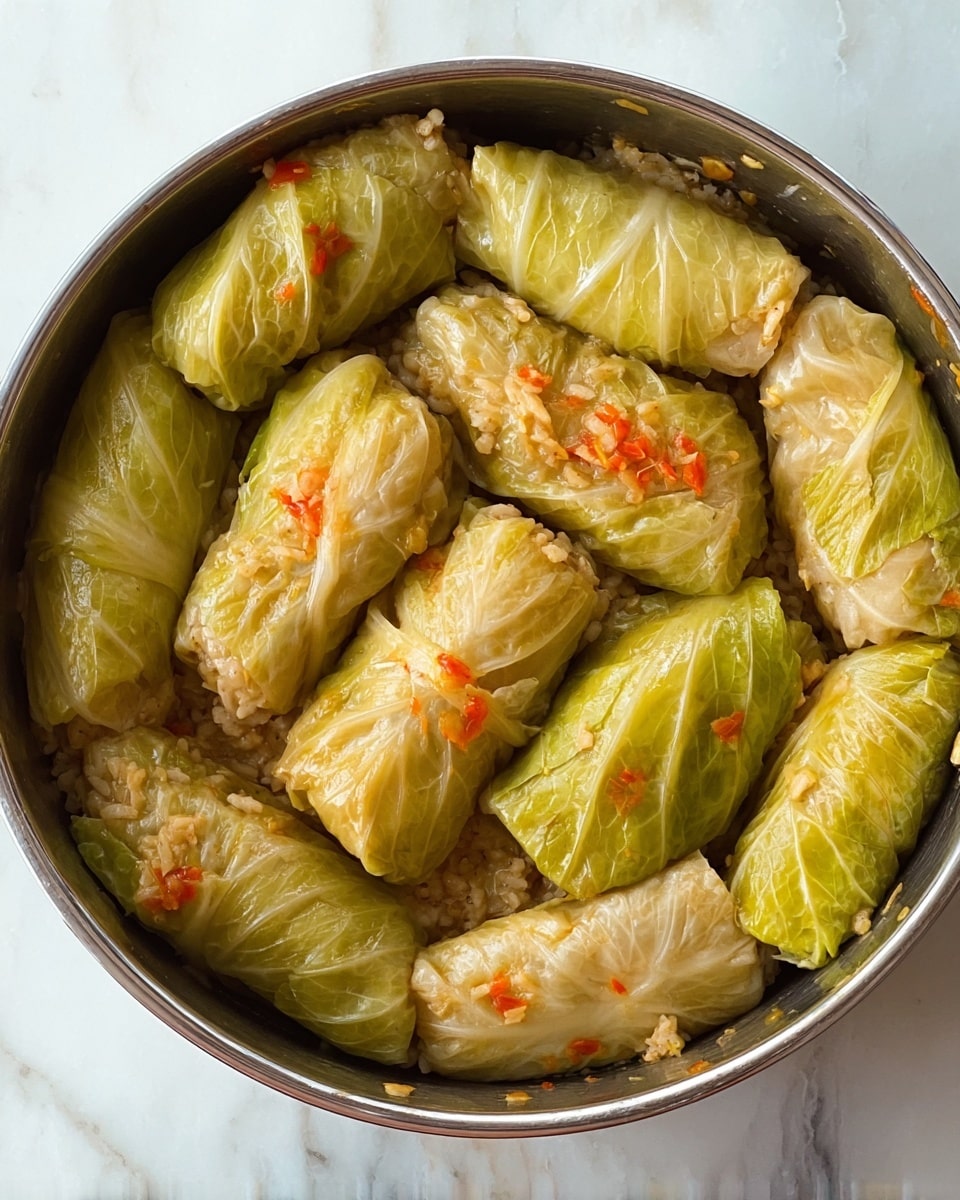 This image shows a round pot filled with many stuffed cabbage rolls arranged neatly inside. Each roll is a pale green color with smooth cabbage leaves tightly wrapped around a light, grainy filling mixed with small bits of orange-red pieces. The rolls are stacked closely and layered in a way that some are lying flat while others are slightly leaning. The edges of the pot are visible, and the whole scene is set on a white marbled surface. photo taken with an iphone --ar 4:5 --v 7