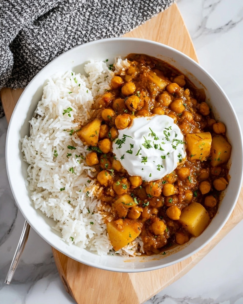 A white bowl holds a dish with two main layers: the bottom layer is fluffy white rice covering half the bowl, and the top layer is a thick, brown chickpea and potato stew with soft golden-yellow potato chunks and chickpeas mixed in a rich, textured sauce. A dollop of white creamy topping, garnished with small green herb pieces, sits on the stew near the center. The bowl is set on a light wooden board placed on a white marbled surface, with a grey textured cloth in the background. Photo taken with an iphone --ar 4:5 --v 7