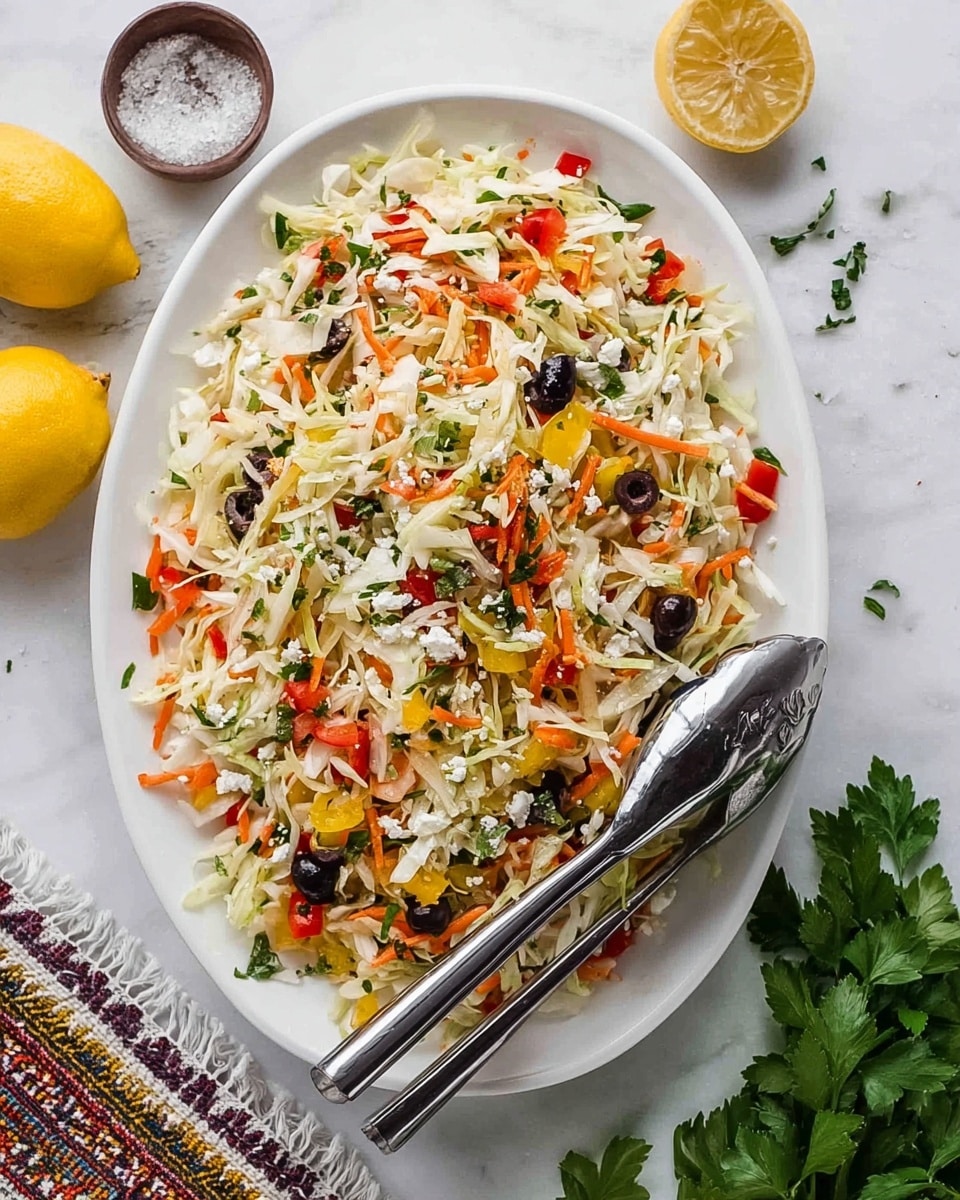 A white oval plate filled with a mixed salad showing many thin layers of shredded white cabbage, thin orange carrot strips, small diced red and yellow bell peppers, and sliced black olives. The salad is lightly sprinkled with small white cheese crumbles and chopped green herbs. Two shiny metal serving tongs with black handles rest on the salad. Around the plate, a whole yellow lemon, a small bowl of salt, a patterned cloth napkin, and green parsley leaves lie on a white marbled surface. photo taken with an iphone --ar 4:5 --v 7