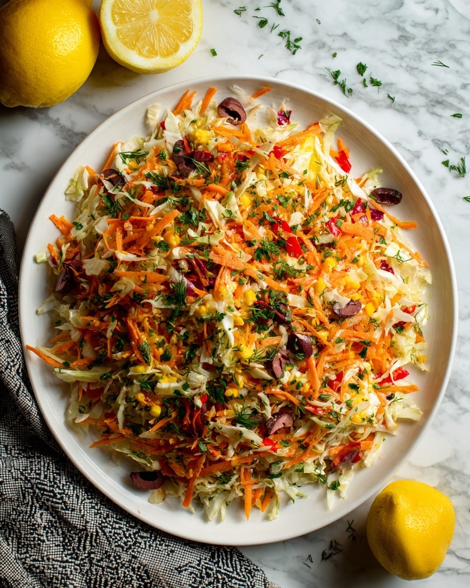 A large white plate filled with a colorful salad made up of three main visible layers: the base layer of shredded white cabbage, a middle layer of bright orange carrot sticks mixed with small pieces of red bell pepper, and a top layer of sliced black olives scattered throughout. Dots of finely chopped green herbs are spread across the salad adding texture and color contrast. The plate sits on a white marbled surface with a yellow lemon on the left and a gray patterned cloth partially seen at the lower left corner. Photo taken with an iphone --ar 4:5 --v 7