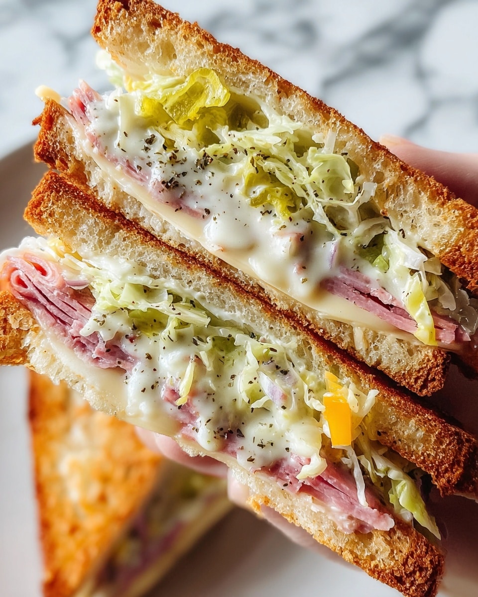 A close-up view of a sandwich held by a woman's hand, showing two thick slices of toasted bread with a golden brown, crispy crust on the edges. Inside, there are multiple layers starting with melted creamy cheese that stretches slightly, topped by folded pinkish-red slices of deli meat. Above the meat are shredded light green lettuce mixed with small pieces of yellow-pickled vegetables and bits of white and purple onion, all covered with a creamy white sauce speckled with black pepper and herbs. The sandwich is resting against a white marbled textured surface, with part of another sandwich visible in the blurry background. photo taken with an iphone --ar 4:5 --v 7