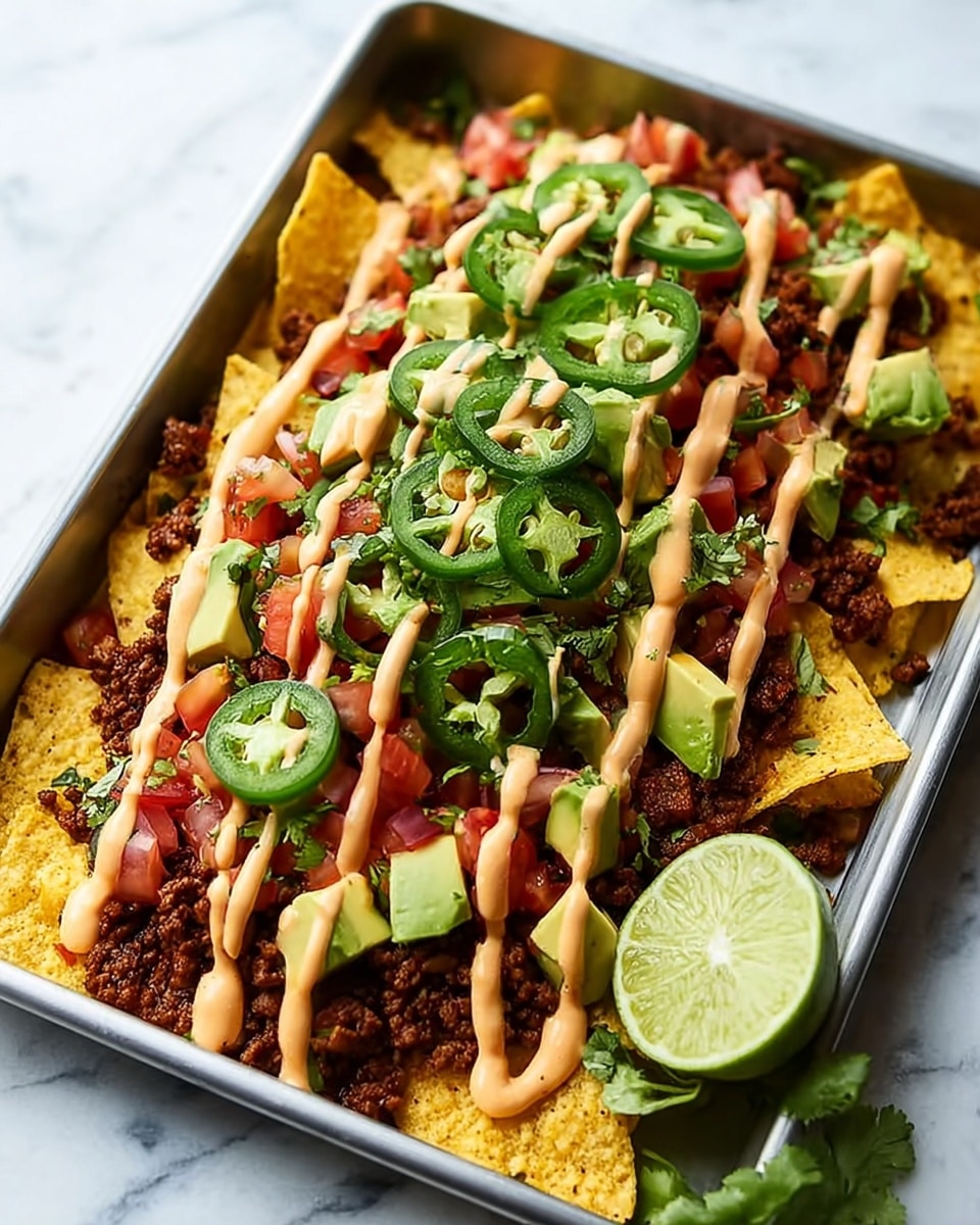 A metal rectangular tray filled with several layers starting with a base of dark brown cooked ground beef, topped with scattered light green avocado pieces and small red tomato chunks. Fresh green cilantro leaves and four bright green jalapeño slices are spread on top. There are thin zigzag lines of light orange creamy sauce drizzled over everything. Around the edges, several yellow corn tortilla chips stand upright. A halved lime is placed on the right side of the tray, all set on a white marbled surface. Photo taken with an iphone --ar 4:5 --v 7