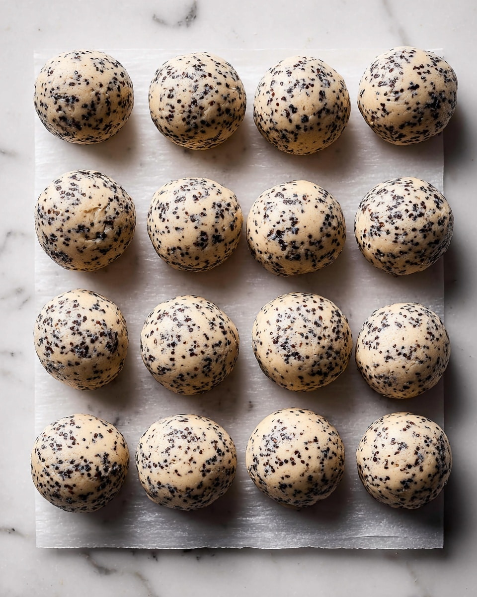 The image shows fifteen round dough balls arranged neatly in a grid on white parchment paper over a white marbled surface. Each ball is speckled with uneven black spots mixed into the creamy, light beige dough, creating a textured look. The dough balls are smooth but with a slightly rough surface due to the scattered black bits, and they are evenly sized, creating a sense of uniformity and order on the white marbled background. photo taken with an iphone --ar 4:5 --v 7