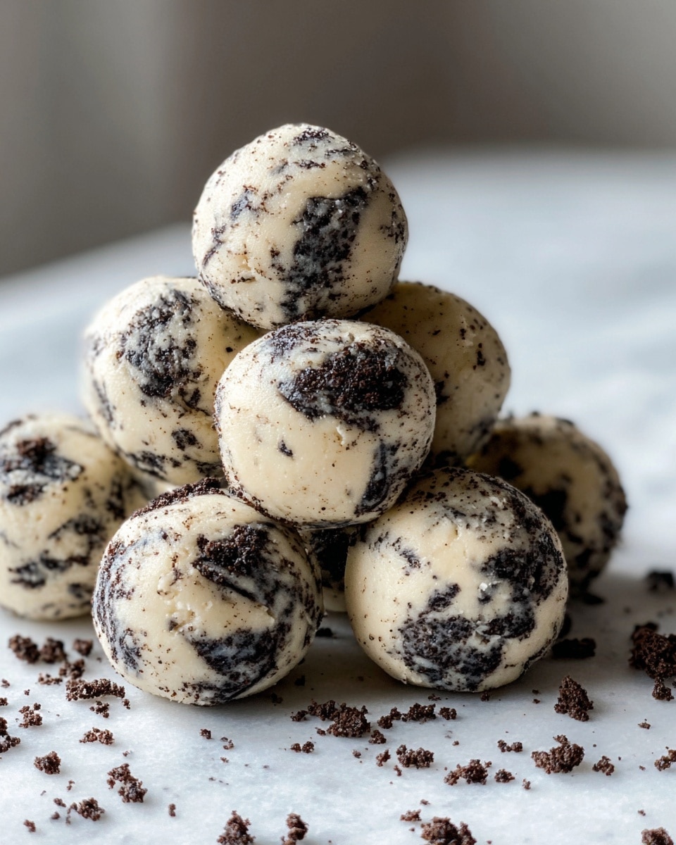 A close-up view of a small stack of round cream-colored cookie dough balls mixed with dark chocolate cookie crumbs, placed on a piece of white parchment paper. The dough balls are smooth but textured with uneven patches of dark cookie bits spread throughout each ball. The white marbled surface underneath and the soft, natural light in the background create a gentle and cozy atmosphere. Some loose cookie crumbs are scattered around the base, adding extra detail and texture. photo taken with an iphone --ar 4:5 --v 7