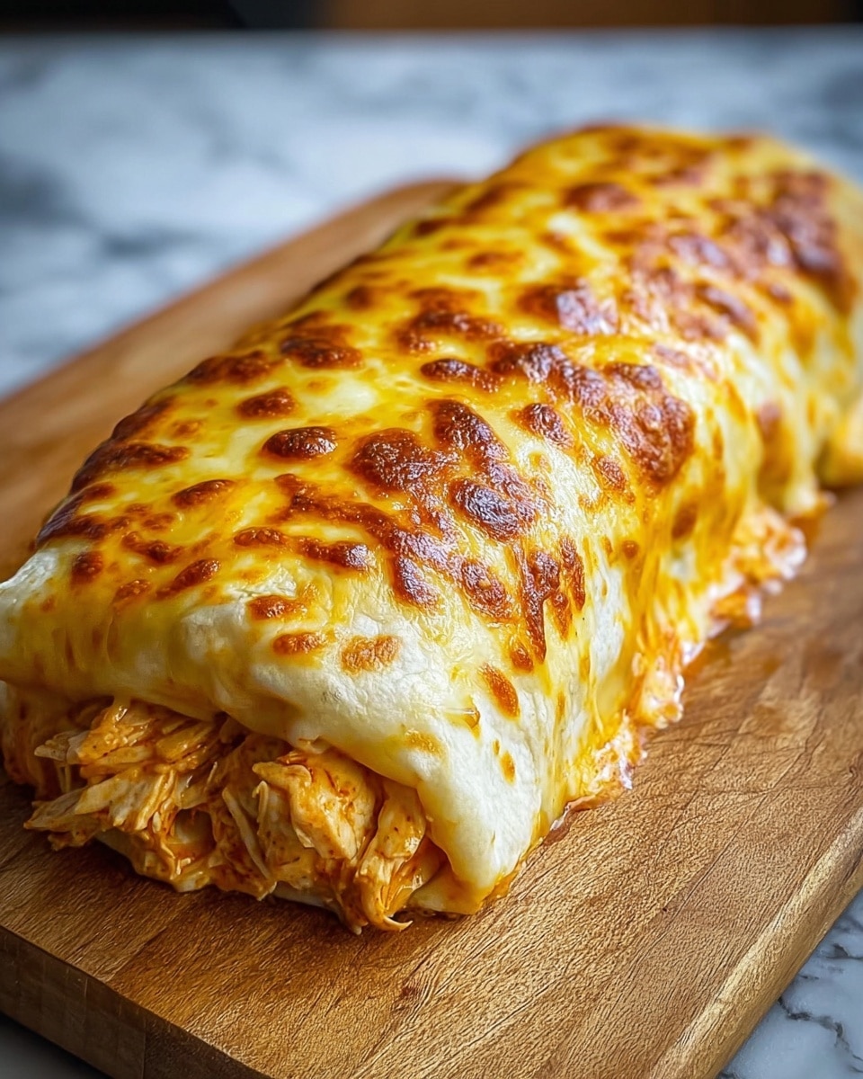 A large burrito-like roll is shown on a wooden board with a white marbled texture underneath. The roll has one visible thick outer tortilla layer, pale yellow and slightly soft in texture, wrapping tightly around shredded chicken pieces covered in a rich orange sauce peeking out from one end. The top is covered with a thick layer of melted cheese, golden-brown with bubbly, toasted spots, slightly stretching at the edges. photo taken with an iphone --ar 4:5 --v 7