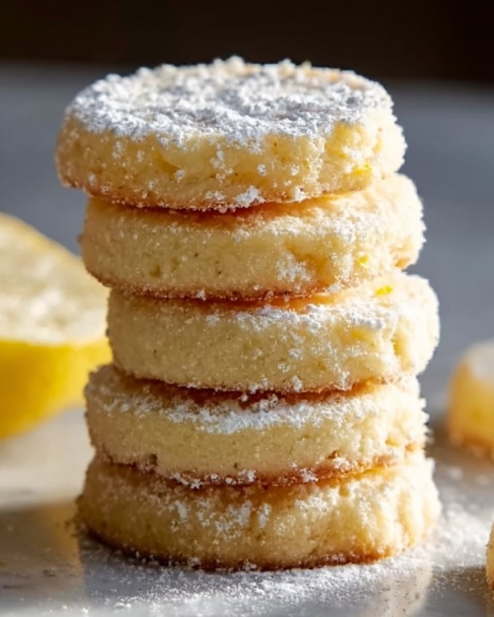 A stack of six round shortbread cookies with a light golden color sits centered on a white marbled surface. Each cookie has a slightly rough texture with visible sugar crystals on top, and the top cookie is dusted with a thin layer of powdered sugar that lightly spills over the edges. The cookies are thick, showing their soft, crumbly layers, and the edges are slightly cracked, adding to their homemade look. Warm light softly highlights the stack, creating gentle shadows that emphasize the cookies’ height and texture. Photo taken with an iphone --ar 4:5 --v 7