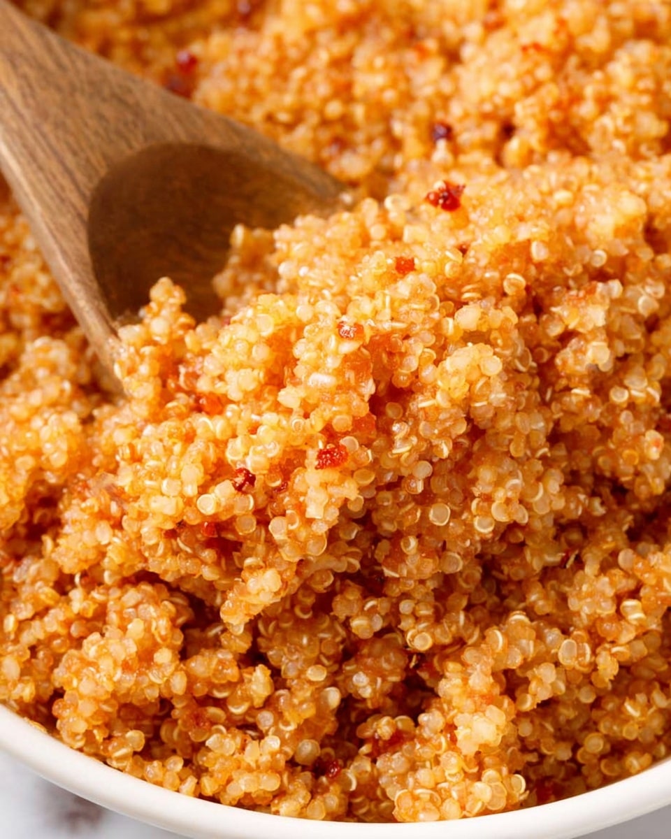 A close-up view of cooked quinoa grains, showing small, round, light orange-yellow grains with a soft and slightly fluffy texture mixed with tiny bits of translucent onion and red spices. A wooden spoon is partially visible stirring the quinoa from the top left corner. The quinoa fills a white bowl, and the background is a white marbled surface. Photo taken with an iphone --ar 4:5 --v 7