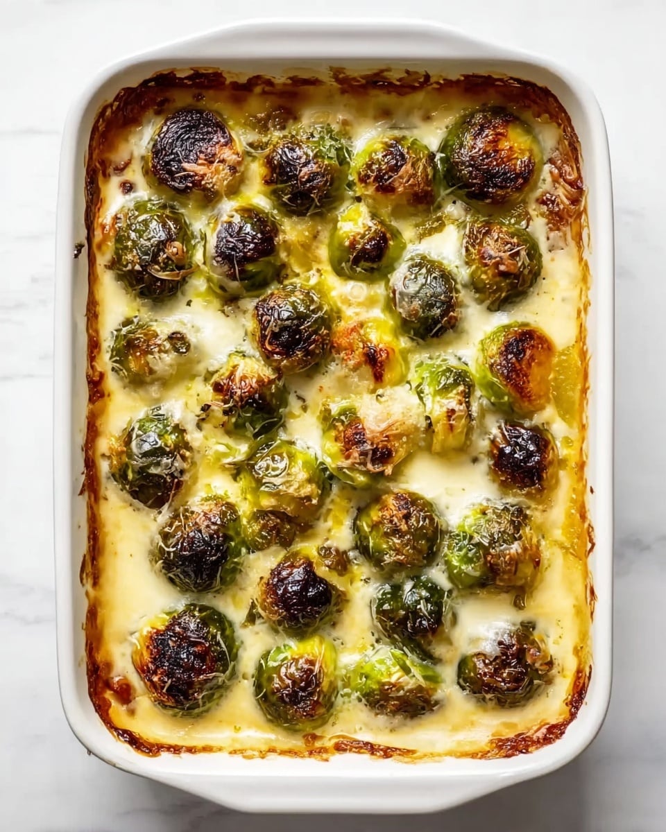 A white rectangular baking dish filled with a creamy casserole topped with whole roasted Brussels sprouts. The sprouts are browned and charred on top, showing deep green and golden touches with some blackened spots. The creamy sauce beneath is pale yellow and slightly bubbly, surrounding the sprouts and filling the dish completely. The edges of the dish have a golden baked crust where the sauce has browned slightly. The dish sits on a white marbled surface, and the photo is taken from above, showing all the sprouts evenly spread across the top. photo taken with an iphone --ar 4:5 --v 7