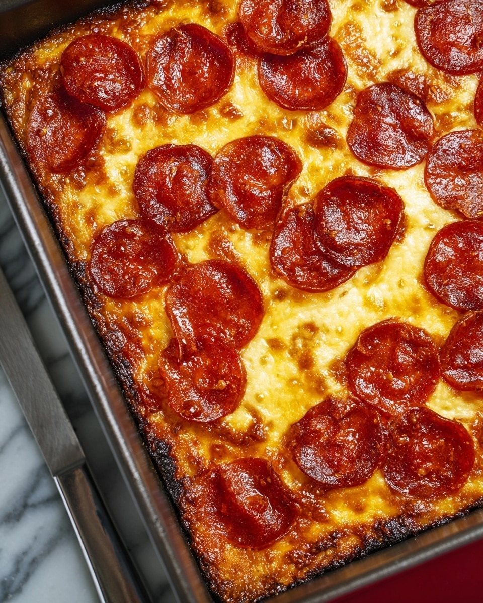 A close-up view of a rectangular pizza in a dark non-stick pan, showing one thick layer of melted golden-yellow cheese with some slightly browned spots, topped with a generous layer of shiny, crispy, dark red pepperoni slices that cover almost the entire surface. The pan is placed on a white marbled surface with a corner of a large shiny knife visible on the left side. photo taken with an iphone --ar 4:5 --v 7