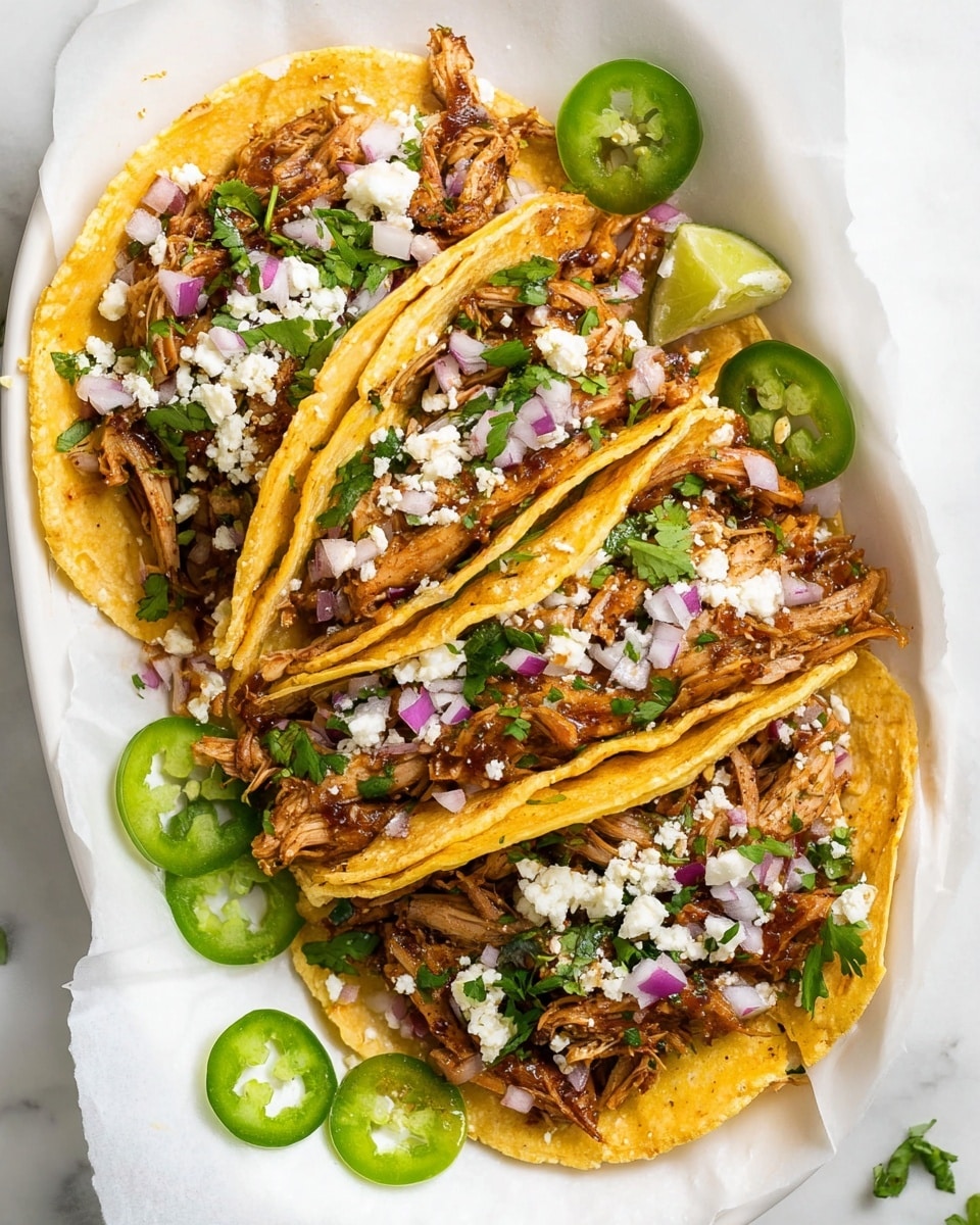 Three yellow soft corn tortillas are laid side by side on a white plate lined with white paper on a white marbled surface. Each taco is filled with a layer of shredded, browned grilled chicken topped with small chunks of white cheese, finely chopped purple onions, and chopped green cilantro. Slices of green jalapeño peppers are placed beneath and around the tacos, adding bright circular shapes. The textures show a mix of soft tortillas, slightly crispy chicken, and crumbly cheese, with fresh veggies giving pops of color throughout. Photo taken with an iphone --ar 4:5 --v 7