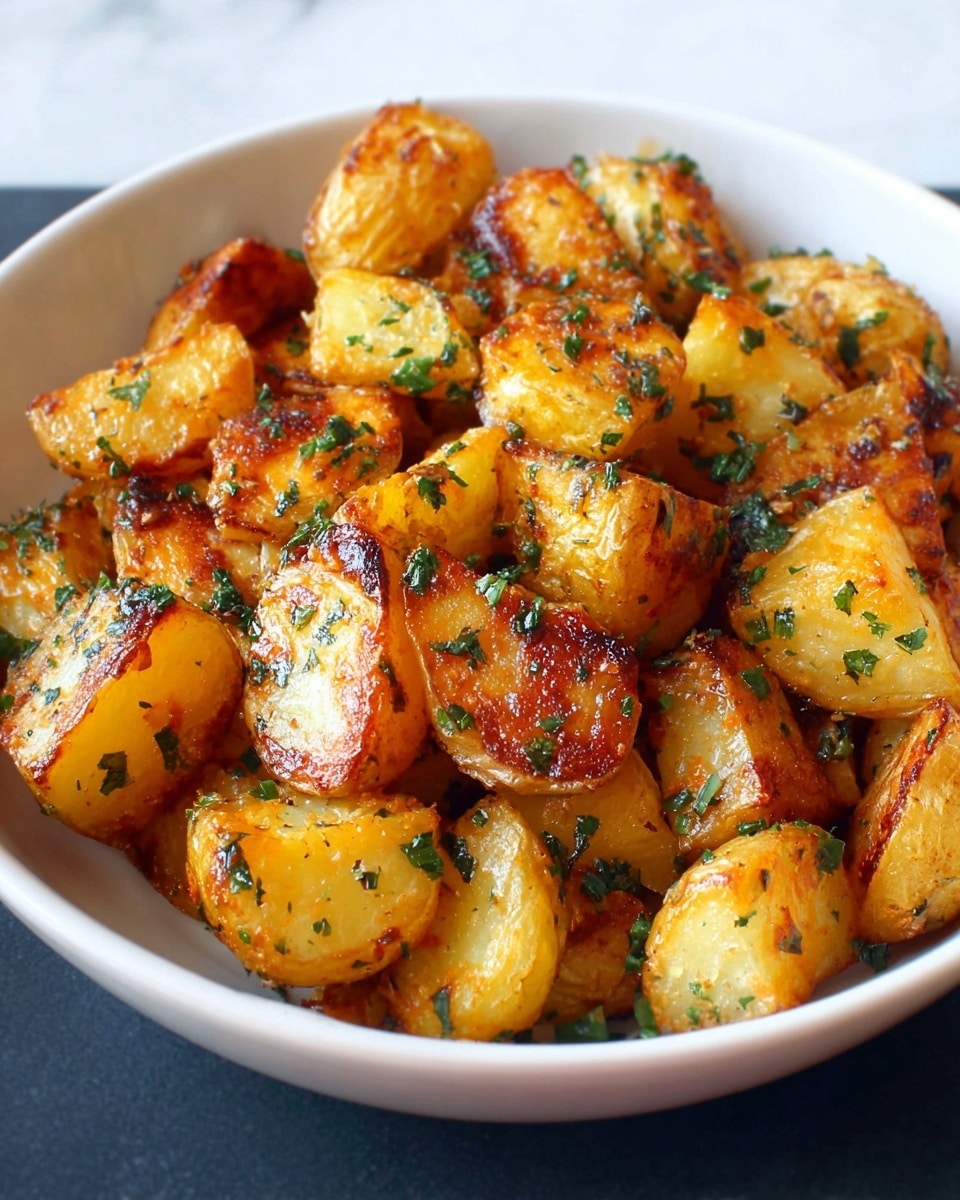 A white bowl filled with golden brown roasted potato chunks that have a crispy, slightly charred texture on the edges. The potatoes are cut into irregular round and cube shapes and are mixed with finely chopped green herbs scattered evenly over the top. The bowl is placed on a white marbled surface. photo taken with an iphone --ar 4:5 --v 7