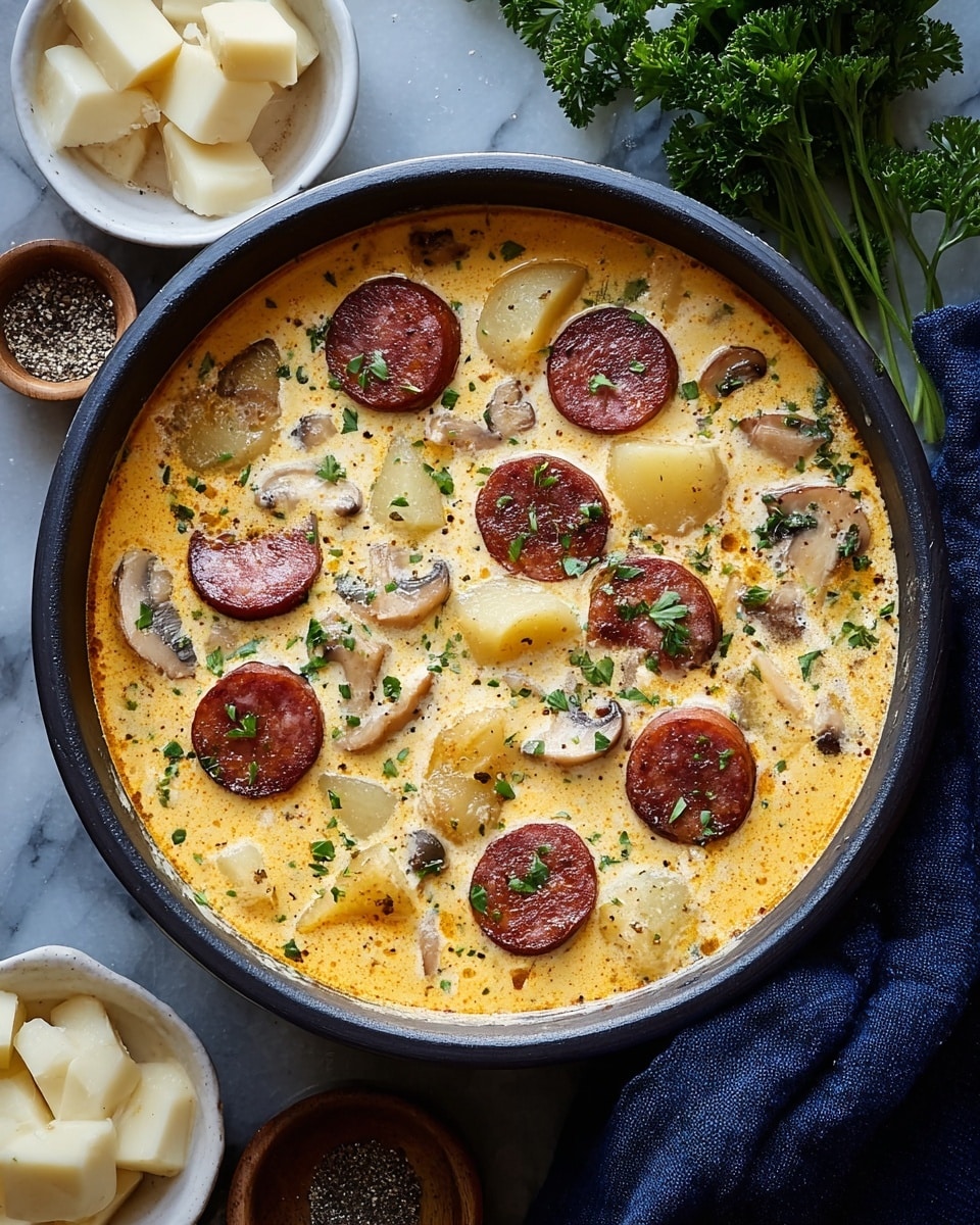 A creamy soup is shown in a round black pot placed on a folded dark blue cloth. The soup has a yellow-orange creamy base with several layers visible on top: round slices of reddish-brown sausage, pale yellow potato chunks, and small pieces of light brownish mushrooms. Tiny green herb bits are scattered evenly across the soup surface, adding a touch of color. Fresh parsley sprigs are placed nearby on a white marbled surface alongside small white bowls, one with cubed white cheese and another with cracked black pepper. The overall scene is bright with natural light highlighting the creamy texture. photo taken with an iphone --ar 4:5 --v 7