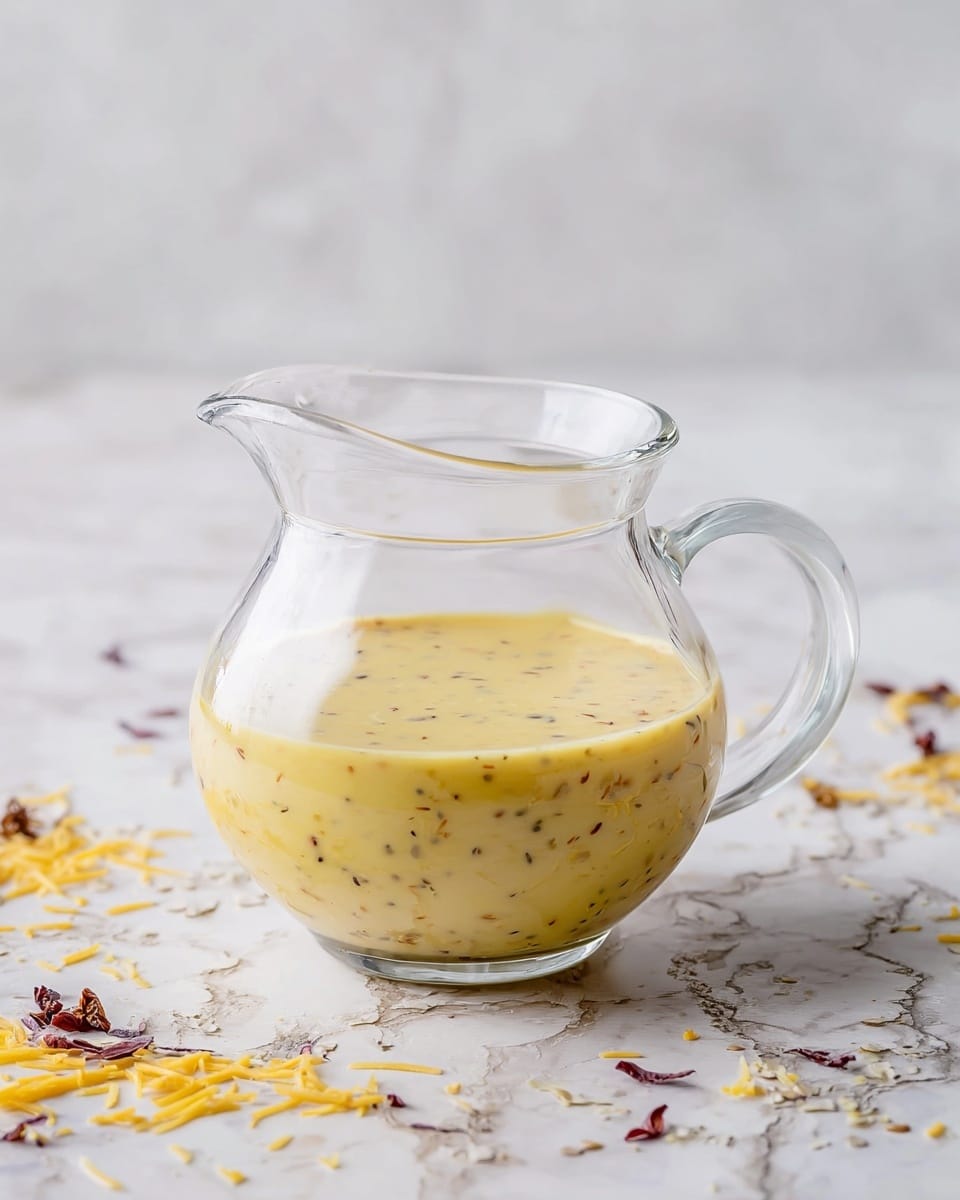 A clear round glass jug with a handle on the right side filled halfway with a creamy yellow sauce speckled with black and brown bits, sitting on a white marbled surface with some shredded cheese and small scattered spices around it, the background is also a white marbled texture, the jug's open spout is slightly tilted to the left, showing the smooth texture of the sauce inside, soft natural lighting highlights the shine on the glass and the smoothness of the sauce photo taken with an iphone --ar 4:5 --v 7