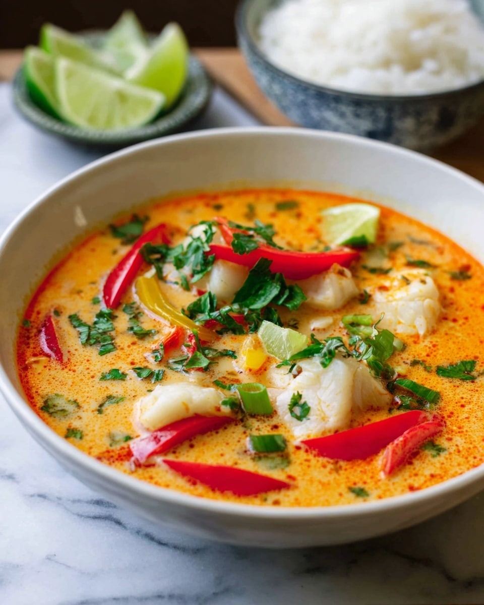 A white bowl filled with bright orange creamy soup as the base layer, topped with chunks of white fish, and slices of red and yellow bell peppers scattered throughout. Green onions and fresh parsley leaves are sprinkled on top for a fresh look, with two lime wedges resting near the edge of the bowl. In the background, a blurred white bowl with rice and a small white bowl with lime wedges sit on a white marbled surface. photo taken with an iphone --ar 4:5 --v 7