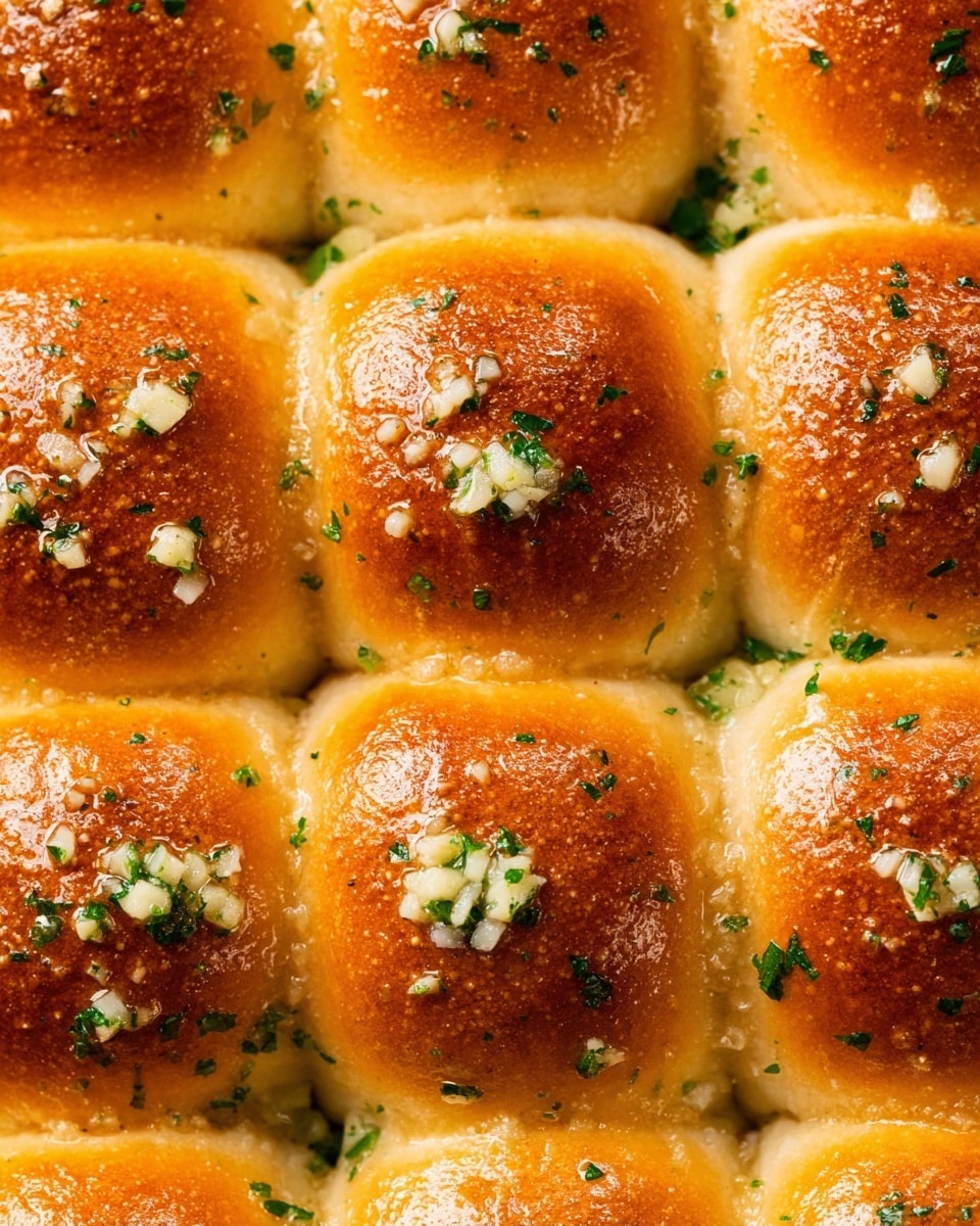 The image shows a close-up of nine golden brown baked rolls tightly placed in a white dish. Each roll has a shiny, smooth top layer brushed with garlic butter and sprinkled with small pieces of chopped green herbs and minced garlic, creating a textured contrast. One roll in the middle is slightly pulled away, revealing the soft, fluffy, and light inner dough with a white crumb texture. The rolls are arranged in three rows of three, sitting on a white marbled surface. The colors mainly consist of warm golden browns, bright green from the herbs, and pale creamy white inside the pulled roll. photo taken with an iphone --ar 4:5 --v 7
