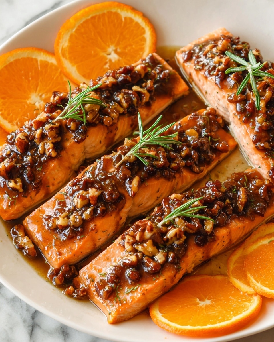 Four salmon fillets lie on a white plate, each topped with a thick layer of glossy, dark brown chopped nuts and syrup sauce that glistens under the light. The salmon has a smooth, orange-pink color with light seasoning visible on the surface. Small green rosemary sprigs are placed on top of each fillet, adding a fresh touch of color. Around the fillets, there are several bright orange slices, positioned near the edges of the plate, which sits on a white marbled texture surface. The overall look is rich, warm, and inviting. photo taken with an iphone --ar 4:5 --v 7