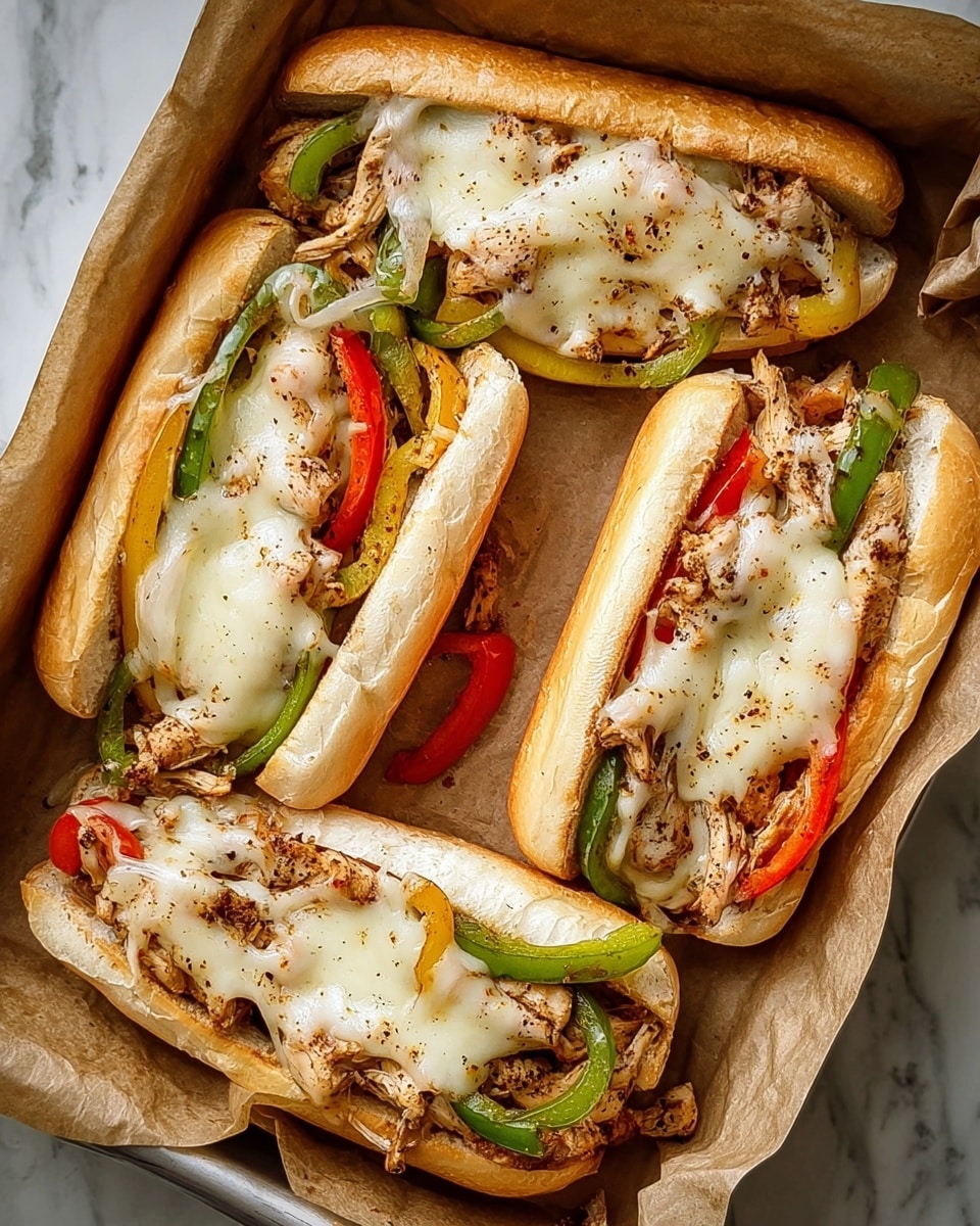 Three Philly cheesesteak sandwiches are placed side by side on brown parchment paper inside a tray. Each sandwich has a soft, light brown hoagie roll sliced open lengthwise. The first layer inside is sautéed green, red, and yellow bell pepper strips mixed with cooked onions, visible at both ends. On top rests shredded, cooked chicken pieces browned with seasoning. The final layer is melted white cheese spread evenly over the chicken and peppers, slightly browned in spots. The photo is taken on a white marbled surface. Photo taken with an iphone --ar 4:5 --v 7