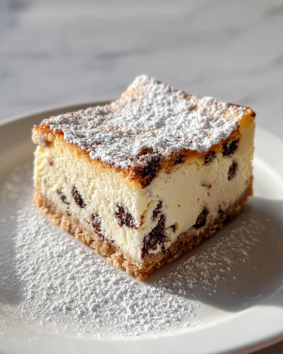 A square slice of cheesecake is shown on a white plate with a white marbled texture background. The dish has three layers: the bottom layer is a crumbly, light brown cookie crust; the middle layer is thick, creamy, and white with small dark chocolate chips scattered throughout; the top layer is a thin, slightly golden baked cheesecake layer dusted generously with powdered sugar. The light source creates soft shadows, highlighting the texture of the cake and the powdered sugar. Photo taken with an iphone --ar 4:5 --v 7