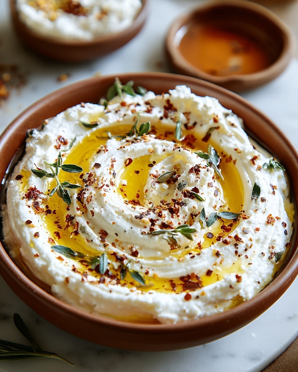 This image shows a close-up of a single dish with a creamy, soft white spread that looks like whipped cheese or yogurt, swirled in two thick layers, one on the bottom and a smaller spiral on top. Golden-yellow oil glistens in pools around the swirls, catching the light. Small green leaves of fresh herbs are scattered on top, along with a sprinkling of reddish-brown spices that add color contrast. The dish is served in a round clay bowl placed on a white marbled surface, with another small bowl blurred in the background, adding a cozy and fresh atmosphere. Photo taken with an iphone --ar 4:5 --v 7