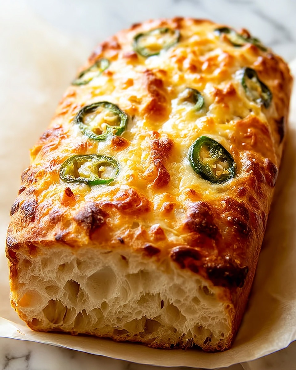 A close-up view of a single thick slice of bread with a golden-brown, crispy crust. The crust is dotted with dark green slices of jalapeño peppers and has a textured, slightly cracked surface showing cheese melted and browned on top. Inside, the bread is soft and airy with an off-white color, and small pieces of green jalapeño are visible within the sponge-like interior. The slice rests on white parchment paper inside a basket, placed on a white marbled surface. photo taken with an iphone --ar 4:5 --v 7