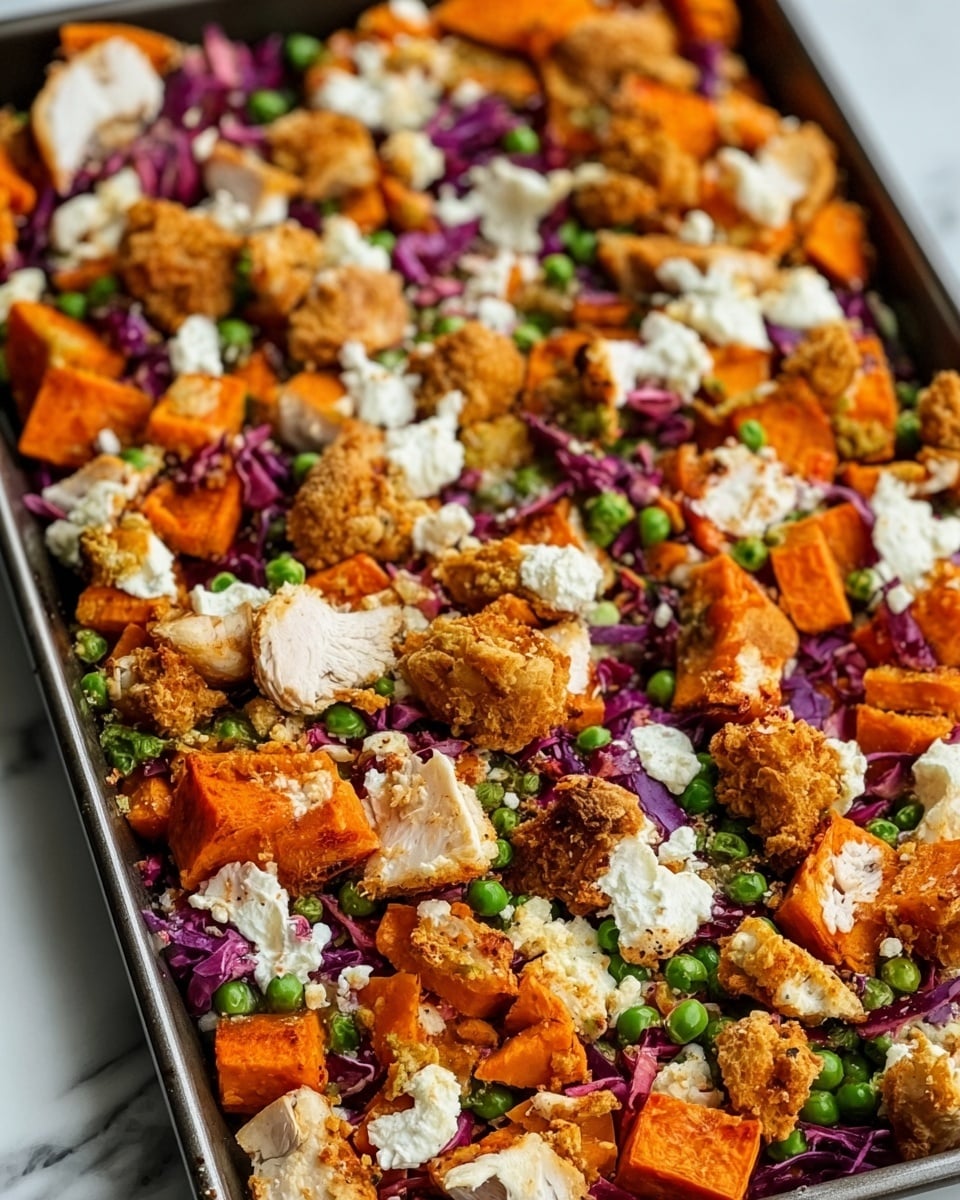 A close-up of a baking tray filled with a colorful mix of roasted sweet potato cubes in bright orange, small green peas, shredded purple cabbage, and crispy golden-brown fried chicken pieces scattered on top. There are dollops of white, creamy cheese spread unevenly across the dish, adding texture contrast. The layers sit directly on the tray with no plate visible, and the background is a white marbled texture. The overall look is vibrant and fresh with a mix of soft and crunchy textures. photo taken with an iphone --ar 4:5 --v 7