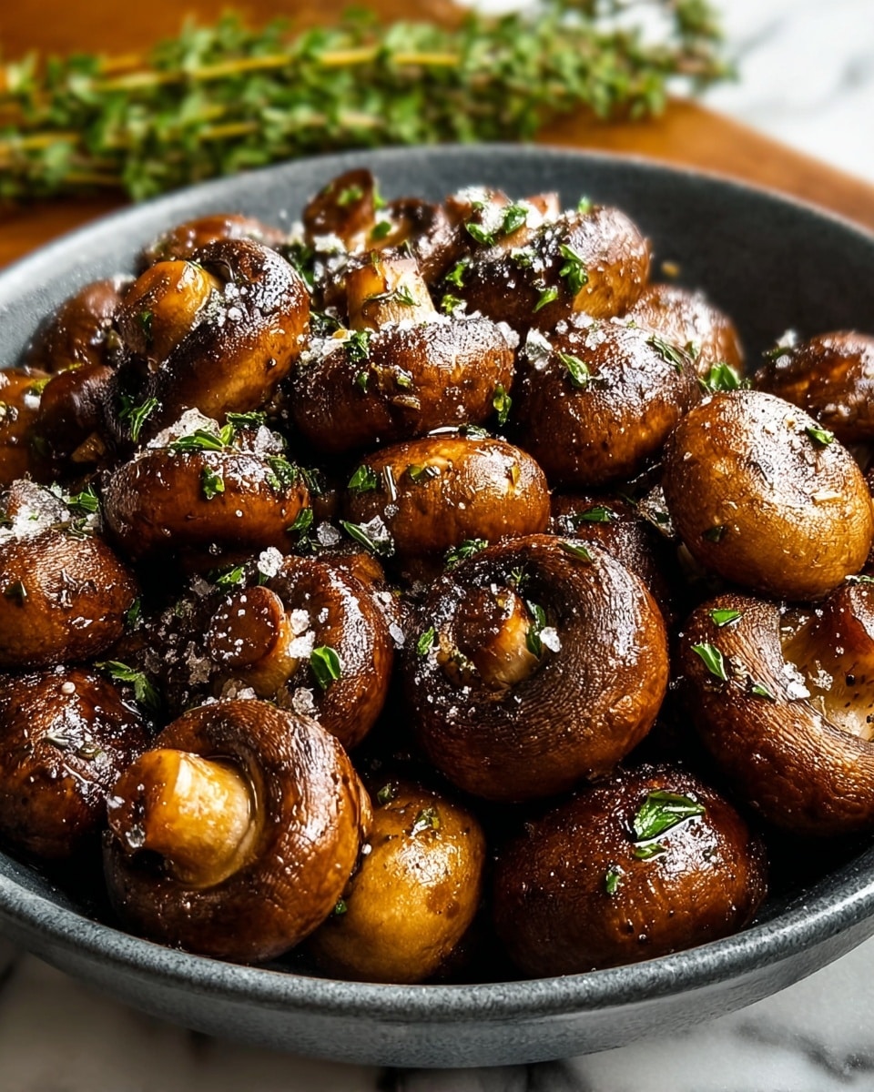 A close-up view of a deep gray bowl filled with many cooked whole brown mushrooms, each with a shiny, slightly oily texture showing grill marks and seasonings. The mushrooms have sprinkles of coarse salt and small green herb pieces evenly spread on top and inside, creating a fresh contrast. The bowl sits on a white marbled surface with a blurred sprig of green herbs in the background. Photo taken with an iphone --ar 4:5 --v 7