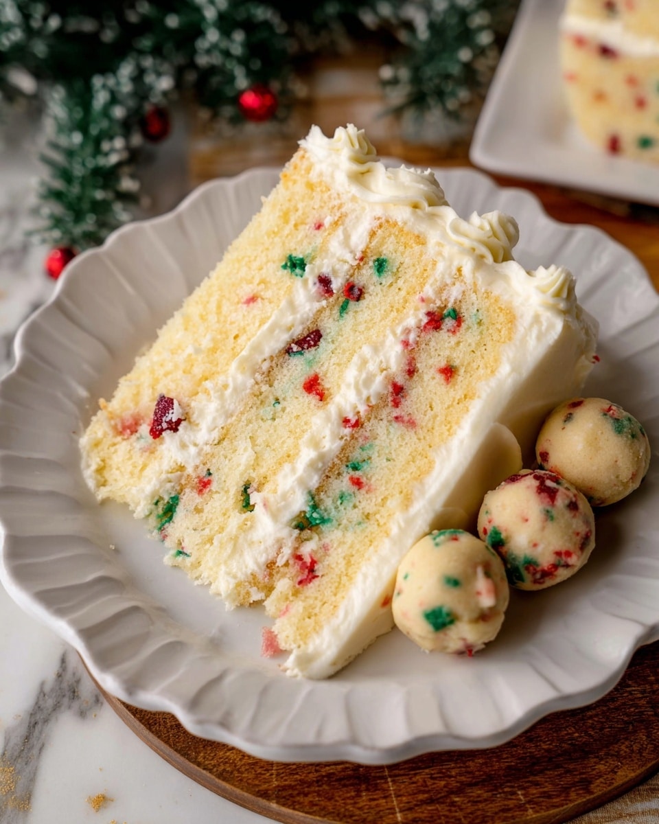 A slice of three-layer vanilla cake with white frosting sits on a white scalloped plate. Each cake layer is pale yellow and fluffy, separated by creamy white frosting filled with small red and green candy pieces. The outer edge of the cake is covered with the same smooth white frosting, piped in gentle waves. In the background, there are small round cookie dough balls with red and green specks stacked on the plate, and a blurred Christmas tree branch. The plate rests on a white marbled surface with a wooden round board slightly visible. Photo taken with an iphone --ar 4:5 --v 7