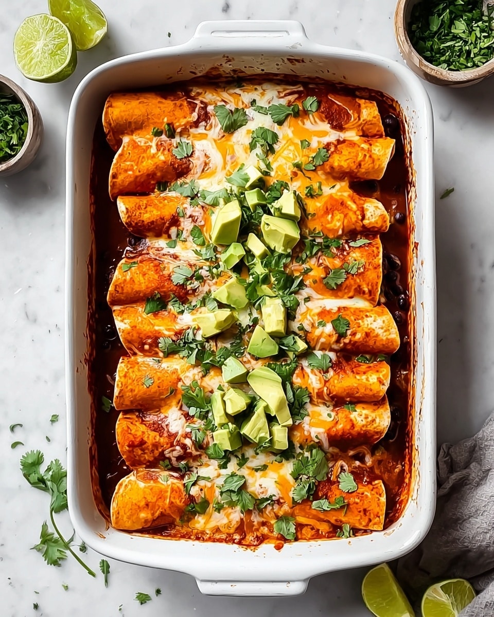 A white rectangular baking dish filled with six rolled enchiladas lined up side by side, each covered in a rich orange-red sauce and melted white cheese with a slightly golden tint. Around the edges and between the enchiladas, black beans can be seen. on top, there are scattered light green chunks of avocado and fresh green cilantro leaves sprinkled evenly for garnish. The dish sits on a white marbled surface with halves of lime and small bowls of cilantro nearby. photo taken with an iphone --ar 4:5 --v 7