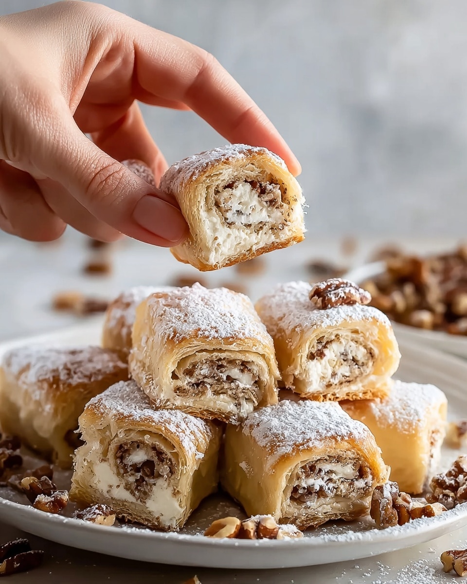 A white plate holds several rectangular and spiral-shaped pastries stacked in a small pile. Each pastry has a light golden brown baked outer layer with a soft cream-colored filling inside. The filling is mixed with small pieces of chopped nuts, adding texture and crunch. The pastries are dusted generously with white powdered sugar, and extra nut pieces are sprinkled on top and around the plate. A woman's hand is gently holding one piece above the others, showing its layers clearly. The scene sits on a white marbled textured surface, adding a clean and bright background. Photo taken with an iphone --ar 4:5 --v 7